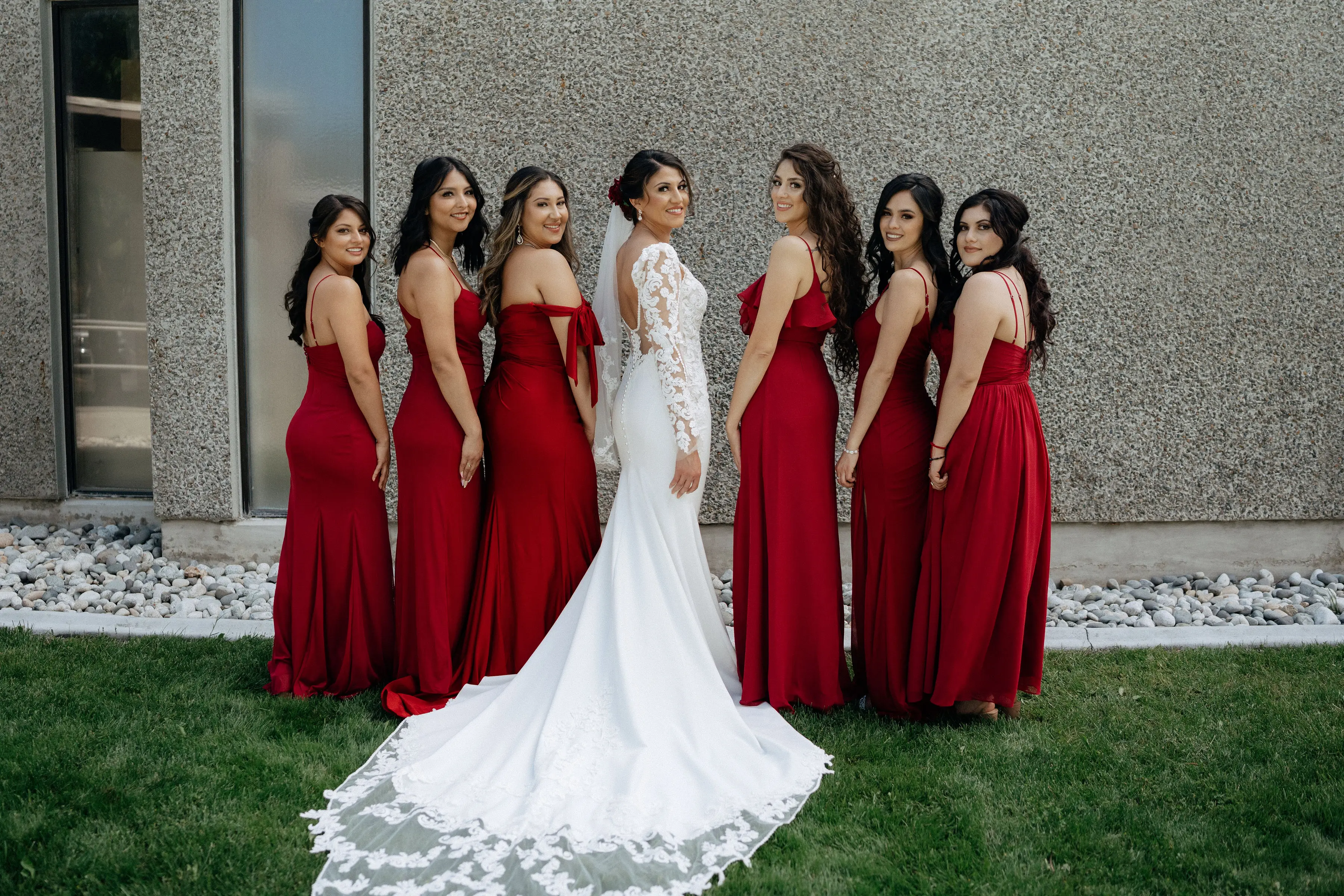 Bridal Party with Bride in Lace Spaghetti Strap Mermaid Wedding Gown with Detachable Long Sleeves Called Nikki by Maggie Sottero