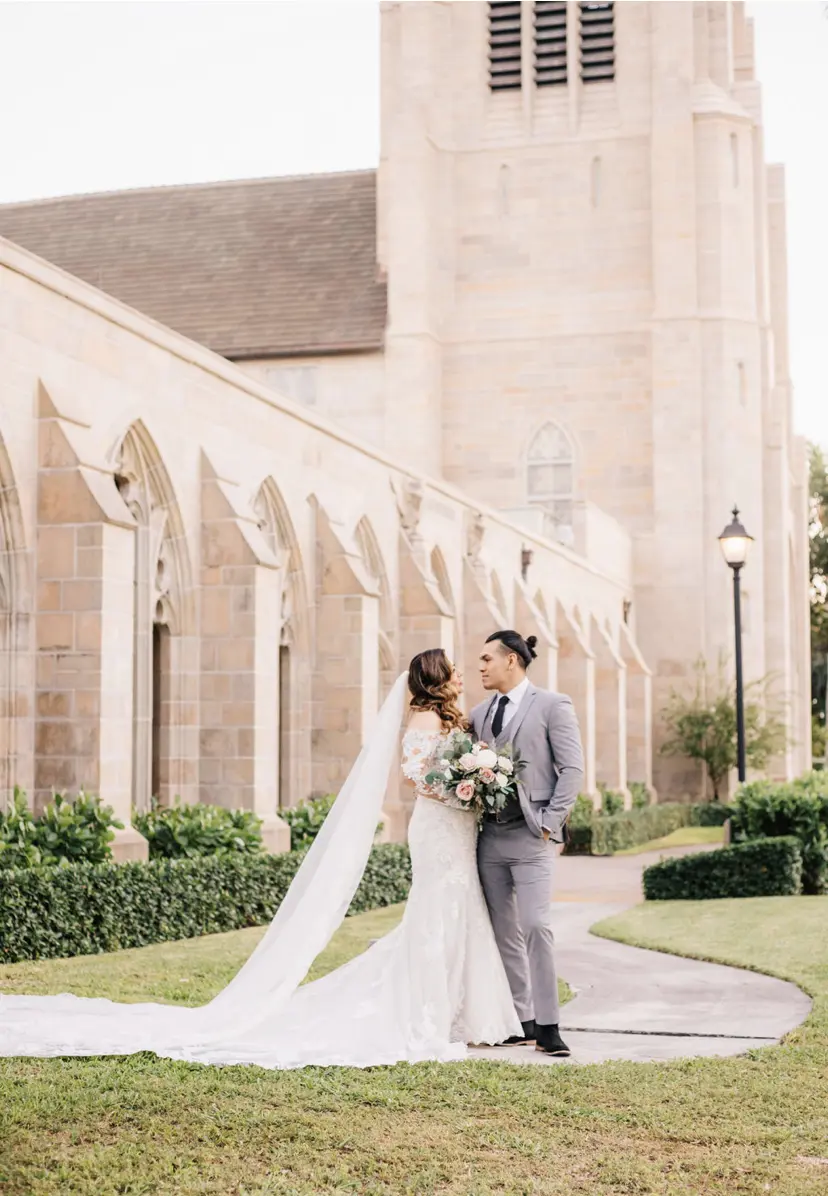 Bride Wearing Lace Sheath Wedding Dress Called Fiona By Maggie Sottero With Groom