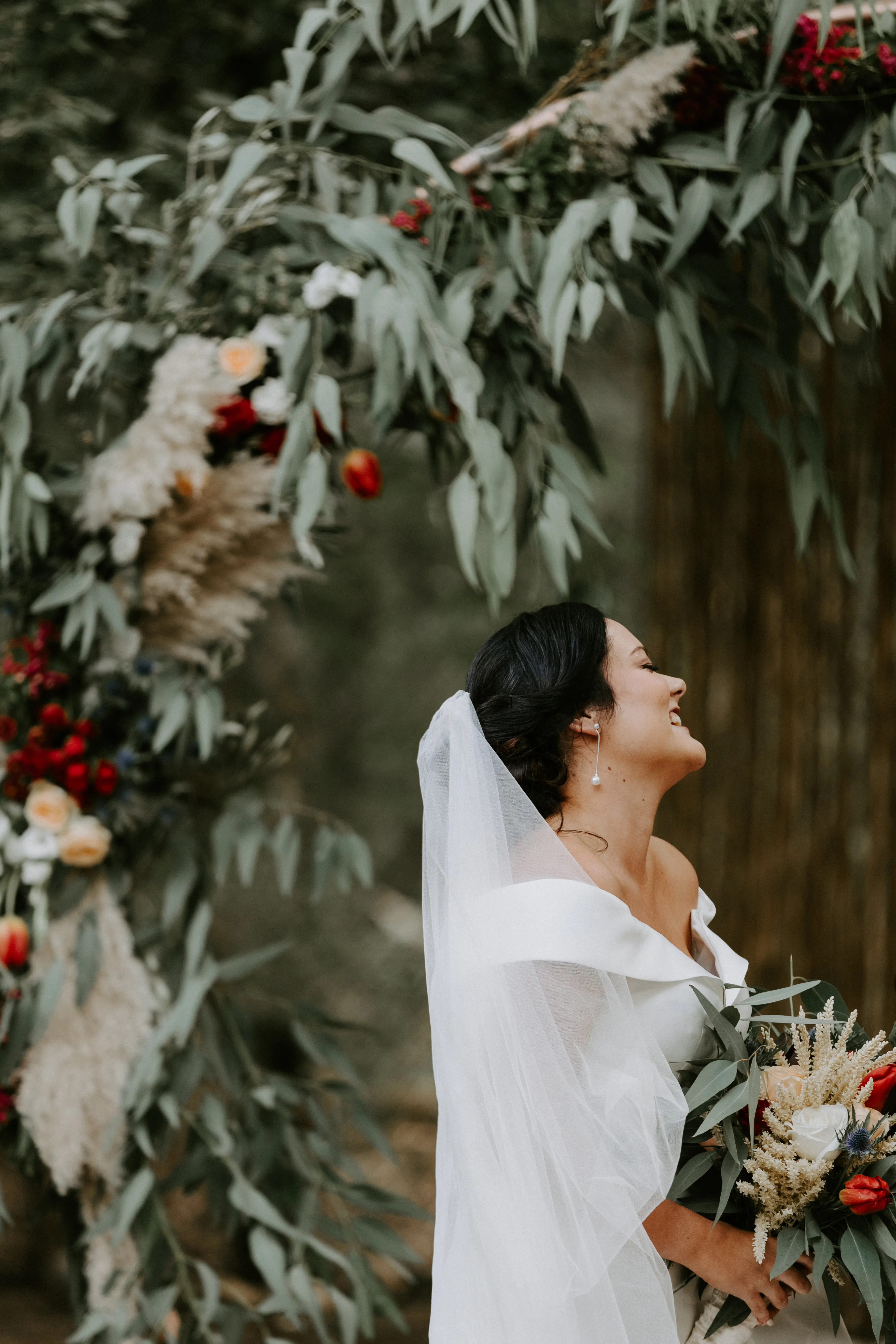 Bride Wearing Vintage Off The Shoulder Fit-And-Flare Wedding Dress Josie By Rebecca Ingram