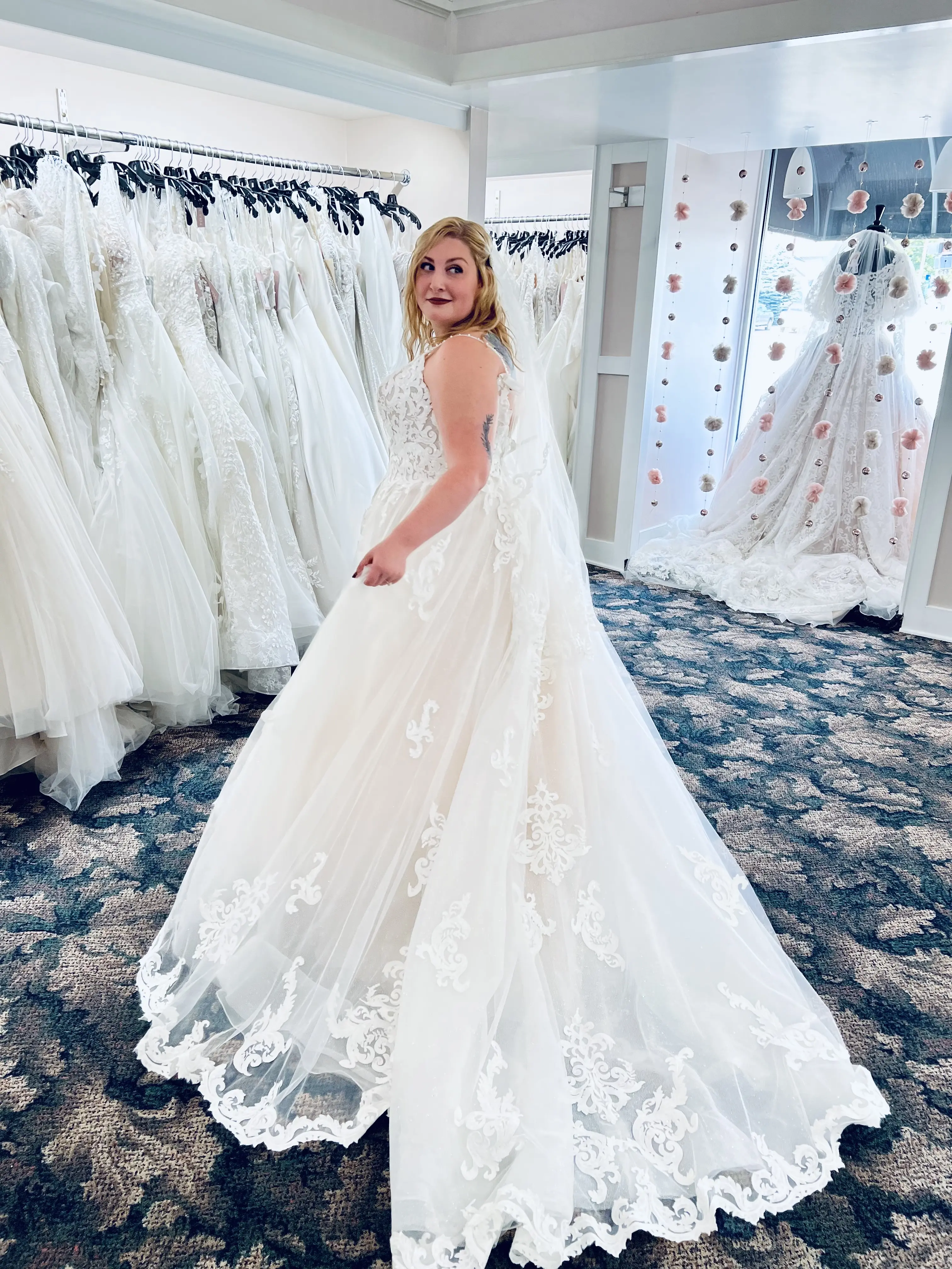 Real Bride in her "Say Yes to the Dress Moment" in Sparkly Classic Bridal Dress with Royal-Inspired Lace called Florence by Maggie Sottero