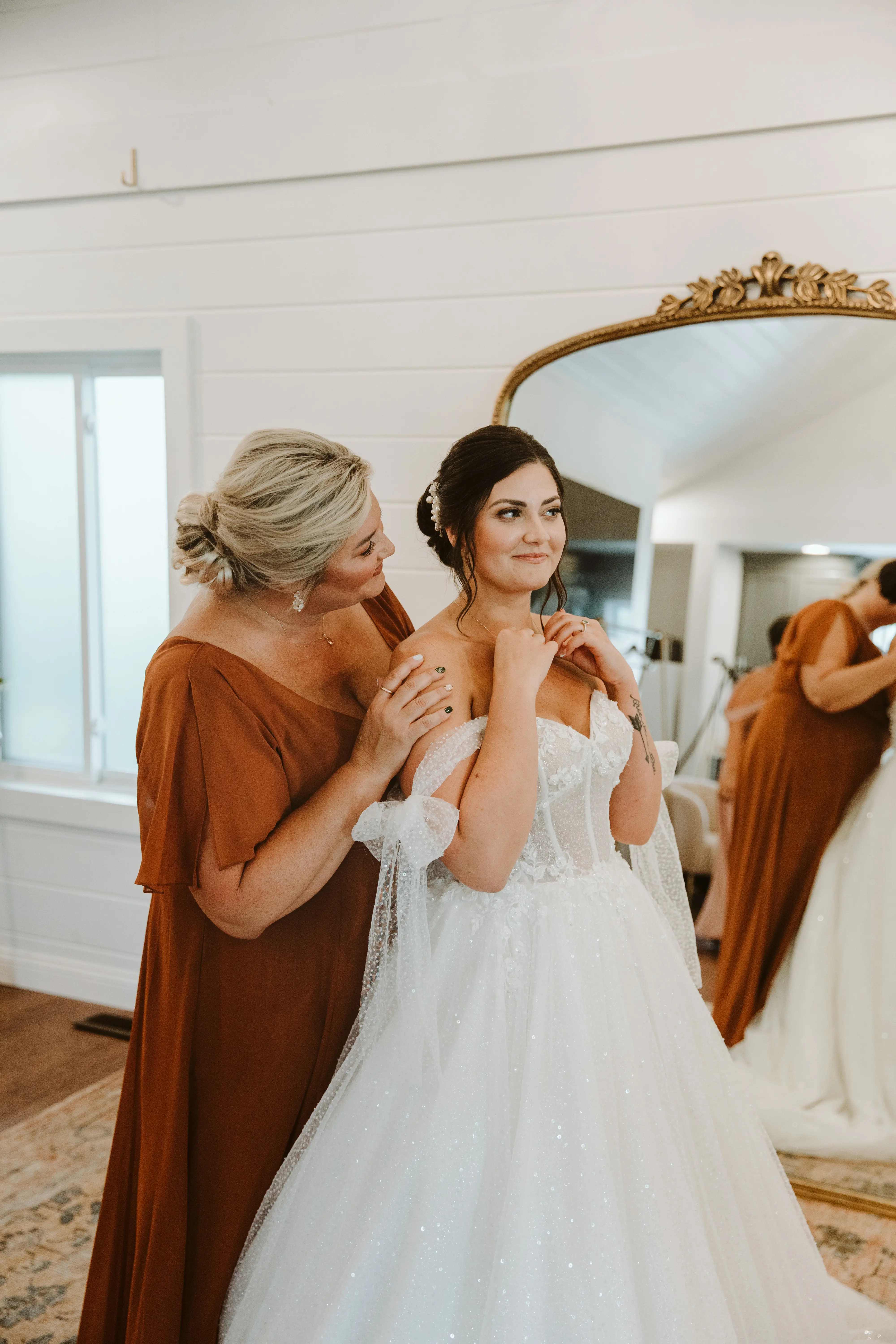 Bride Wearing Sparkly Ballgown Wedding Dress Called Shasha By Sottero And Midgley Getting Ready
