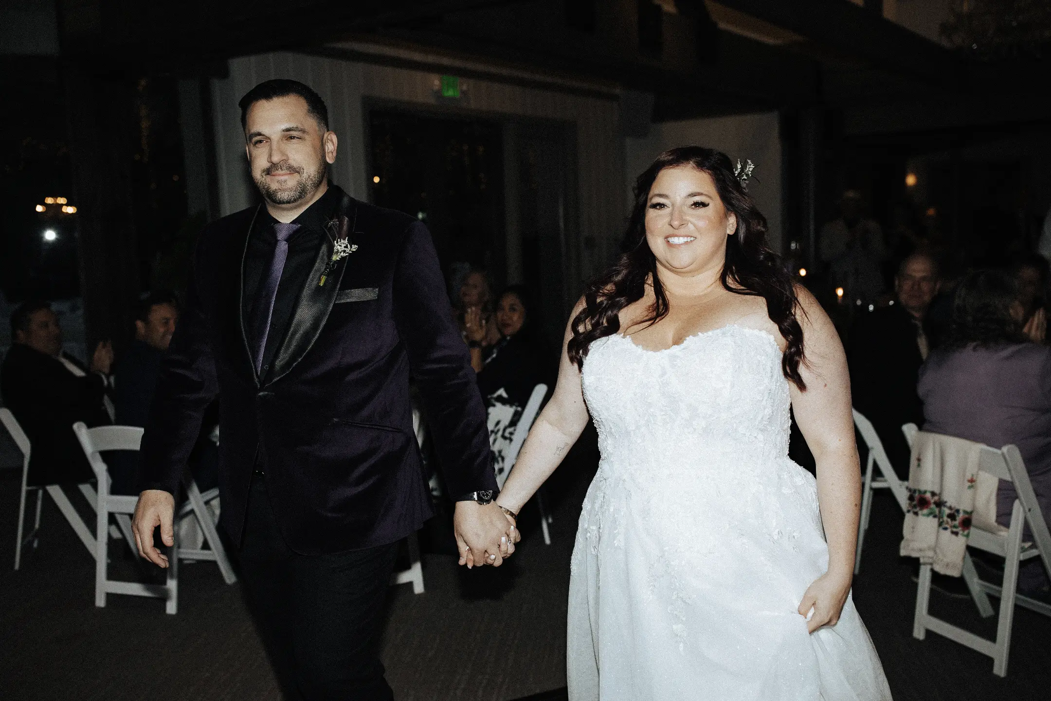 Bride Wearing A-line Bridal Dress Ainsleigh By Rebecca Ingram Holding Hands With Groom