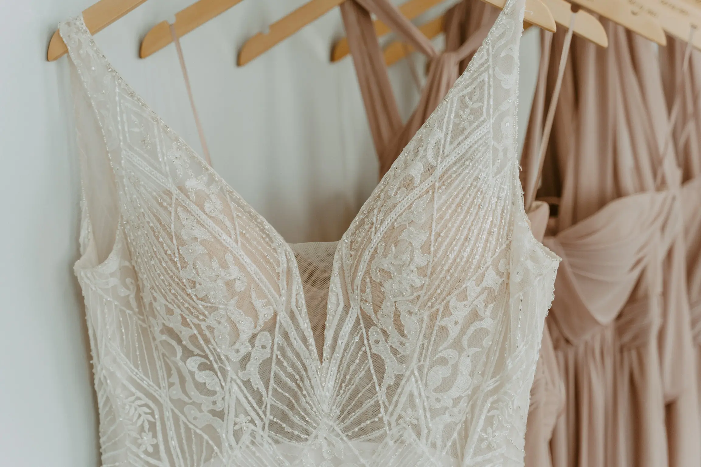 Art deco-inspired beaded wedding dress with v-neckline.