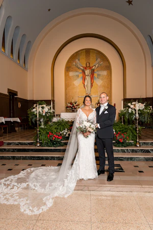 Real Bride in Elegant Lace Sheath Bridal Dress with Beaded Lace Motifs and Scalloped Lace Train Called Hamilton by Sottero & Midgley