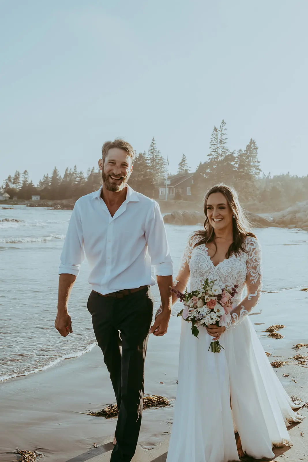 Groom With Bride Wearing Illusion Lace Long Sleeved Wedding Dress Lorraine Dawn By Rebecca Ingram