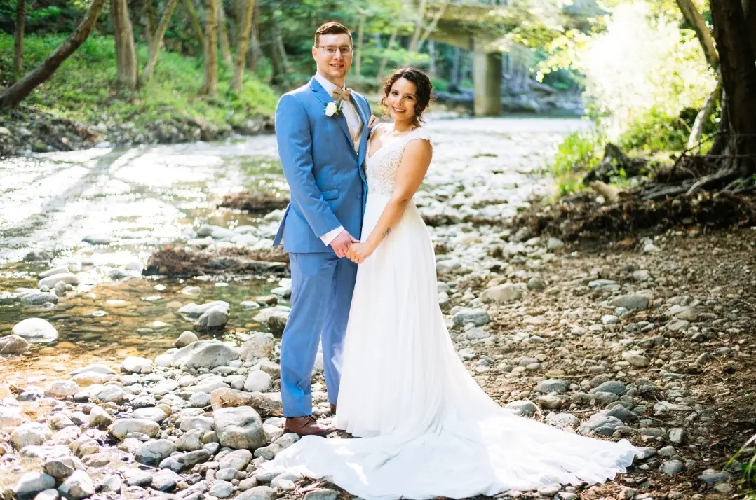 Groom With Bride Wearing Romantic Cap Sleeve Chiffon Wedding Dress June By Maggie Sottero