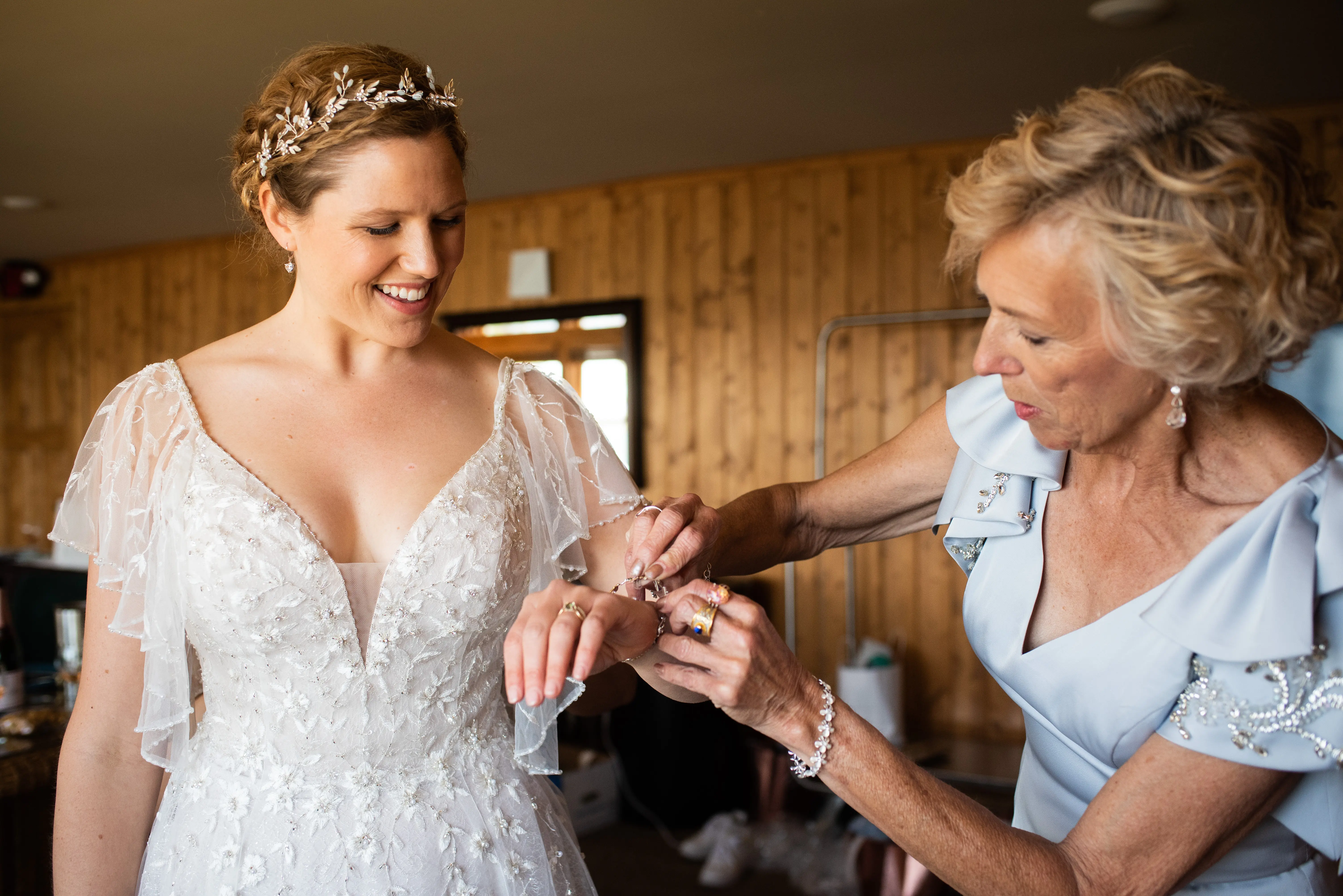 Bride Wearing Beaded Lace A-Line Wedding Dress With Flutter Sleeves Paige By Maggie Sottero