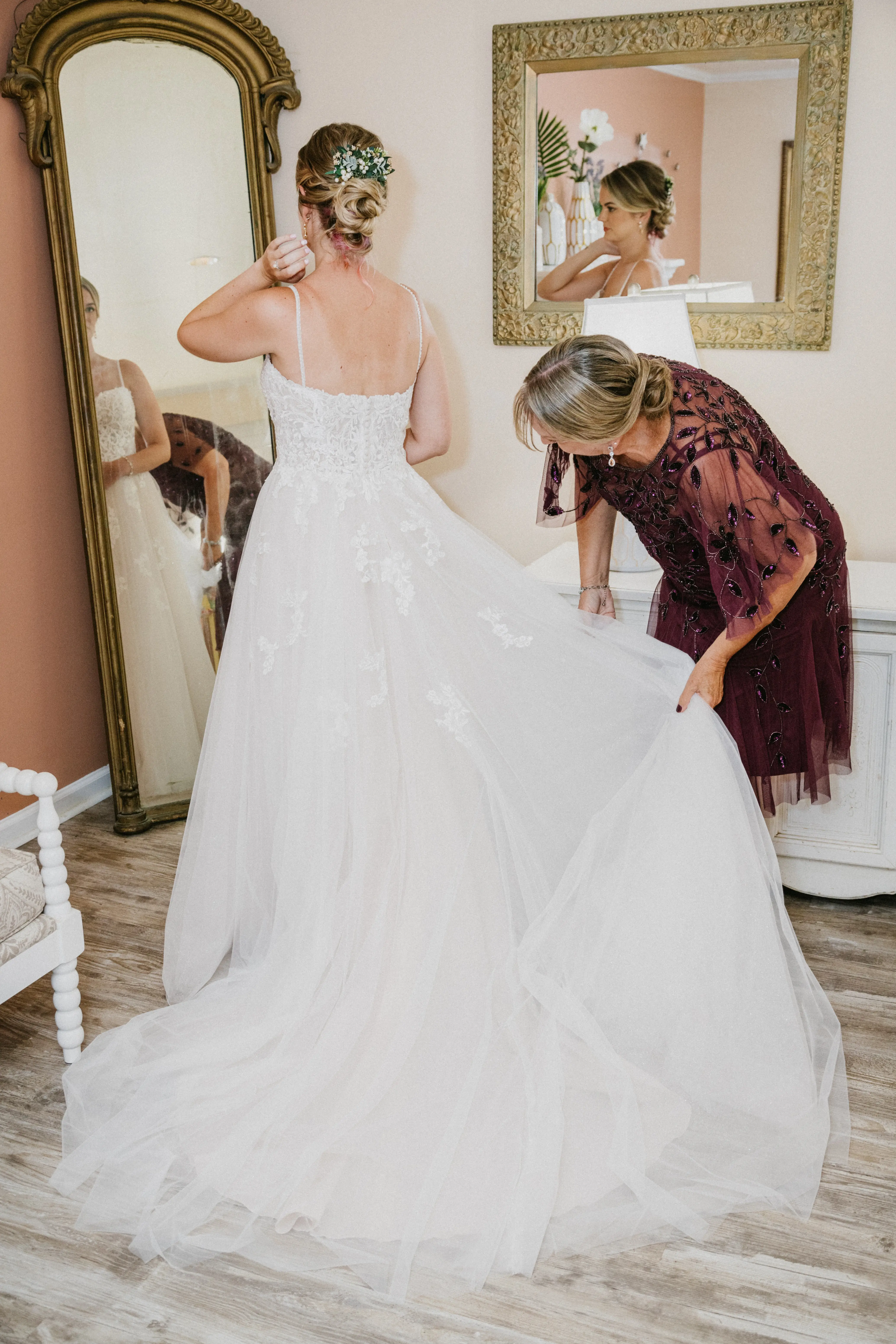 Bride Wearing A-Line Lace Wedding Dress Marisol By Rebecca Ingram