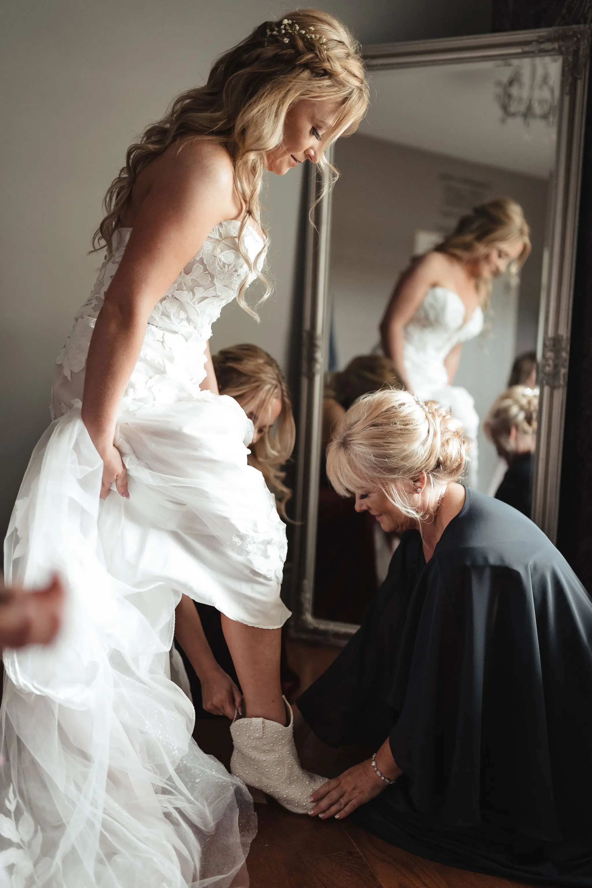 Bride in floral lace motifs over sparkle tulle wedding dress called Hattie by Rebecca Ingram