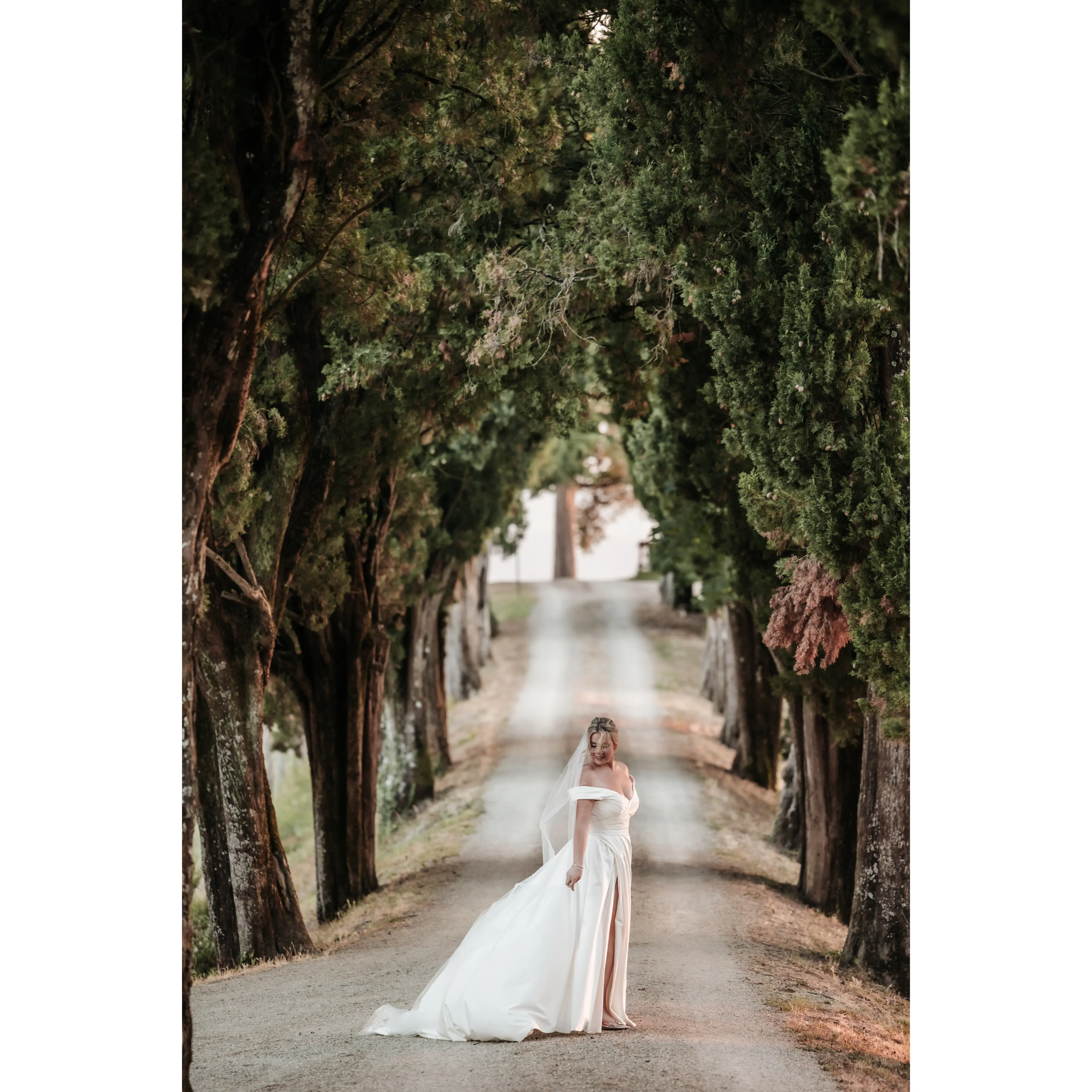 Bride Wearing A-Line Satin Off-The-Shoulder Satin Wedding Dress Ekaterina By Maggie Sottero