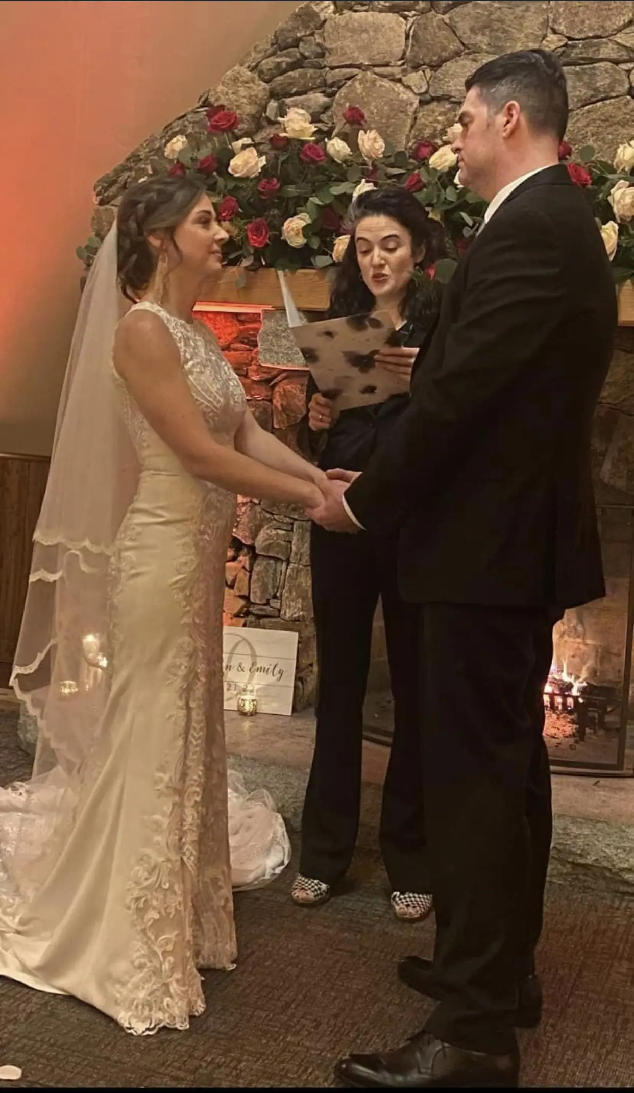 Bride Wearing Lace Halter Wedding Gown Called Kevyn By Sottero And Midgley With Groom At The Ceremony