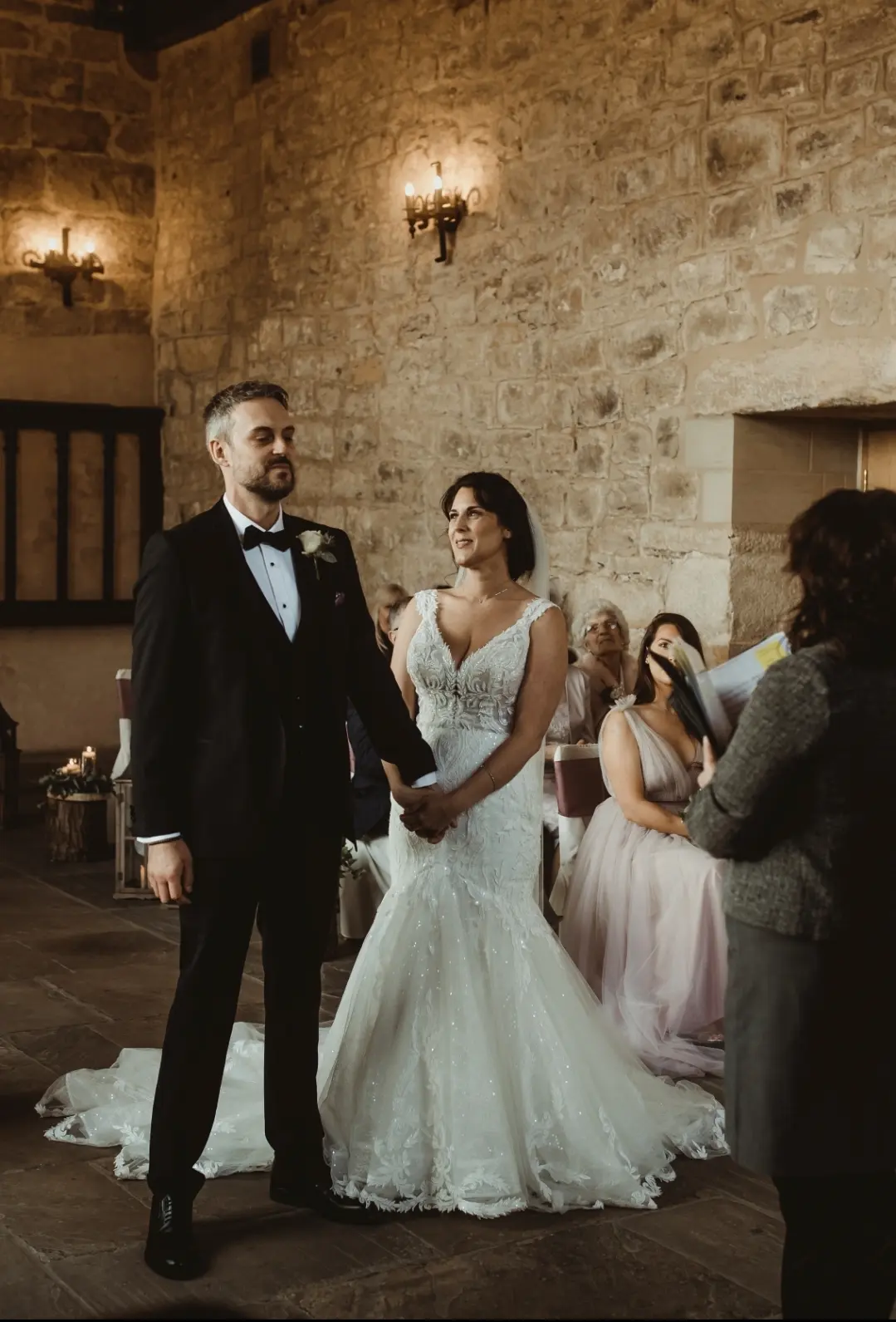 Real Bride in V-Neckline Mermaid Wedding Dress Named Joss by Sottero & Midgley with Groom