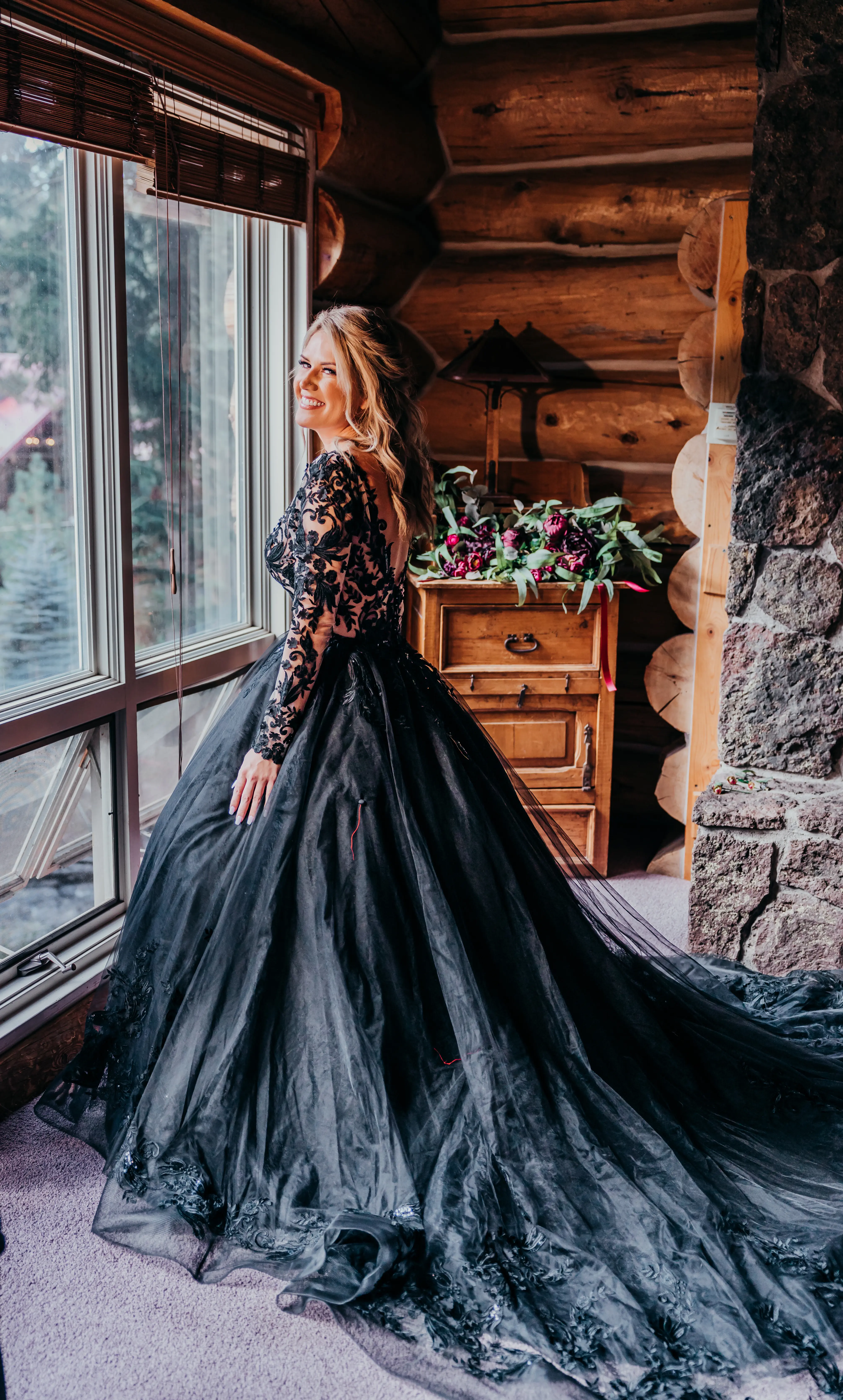 Bride Wearing Black Lace Ballgown Wedding Dress Called Zander By Sottero And Midgley In A Cabin