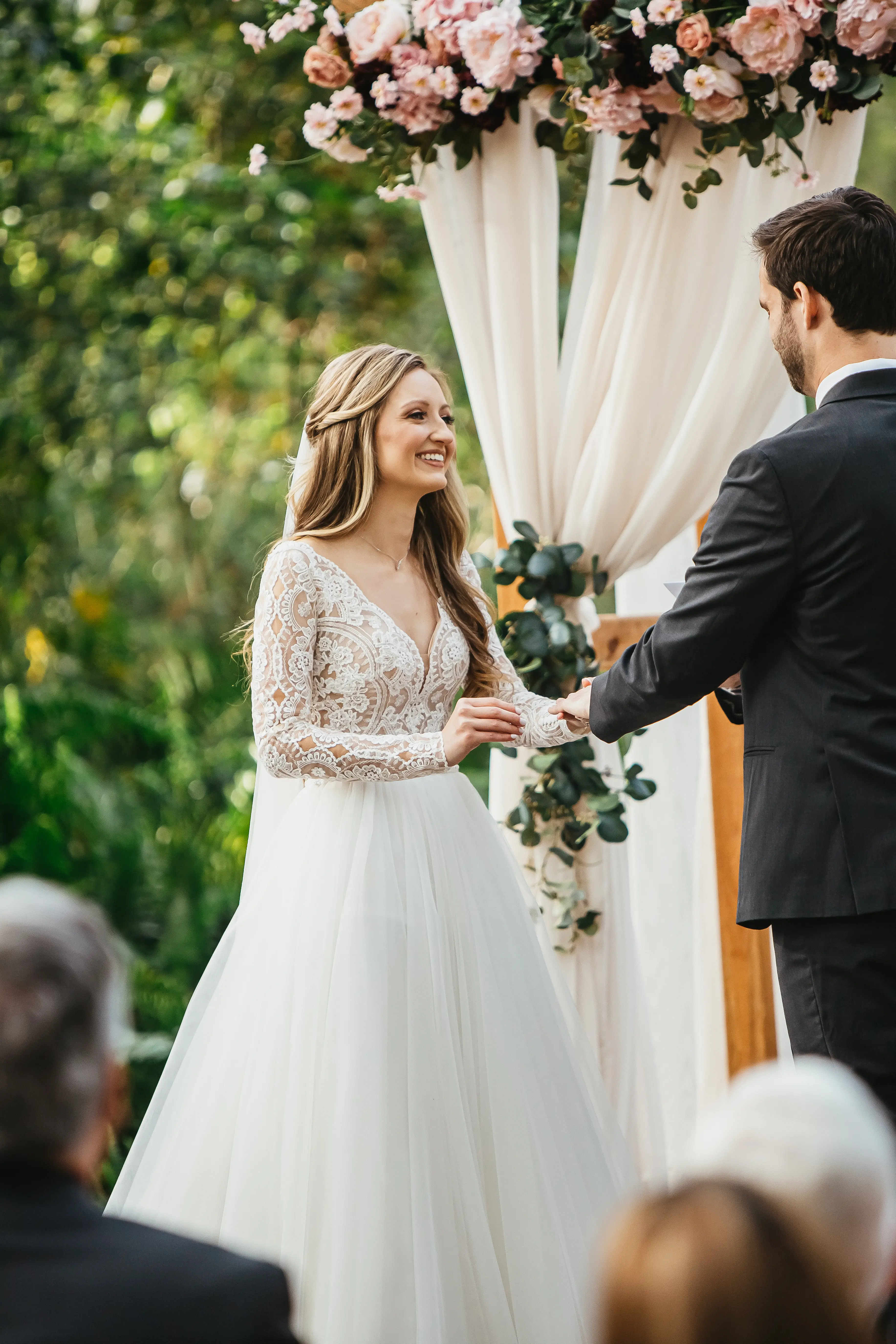 Groom With Bride Wearing Romantic Long Sleeved Ball Gown Mallory Dawn By Maggie Sottero