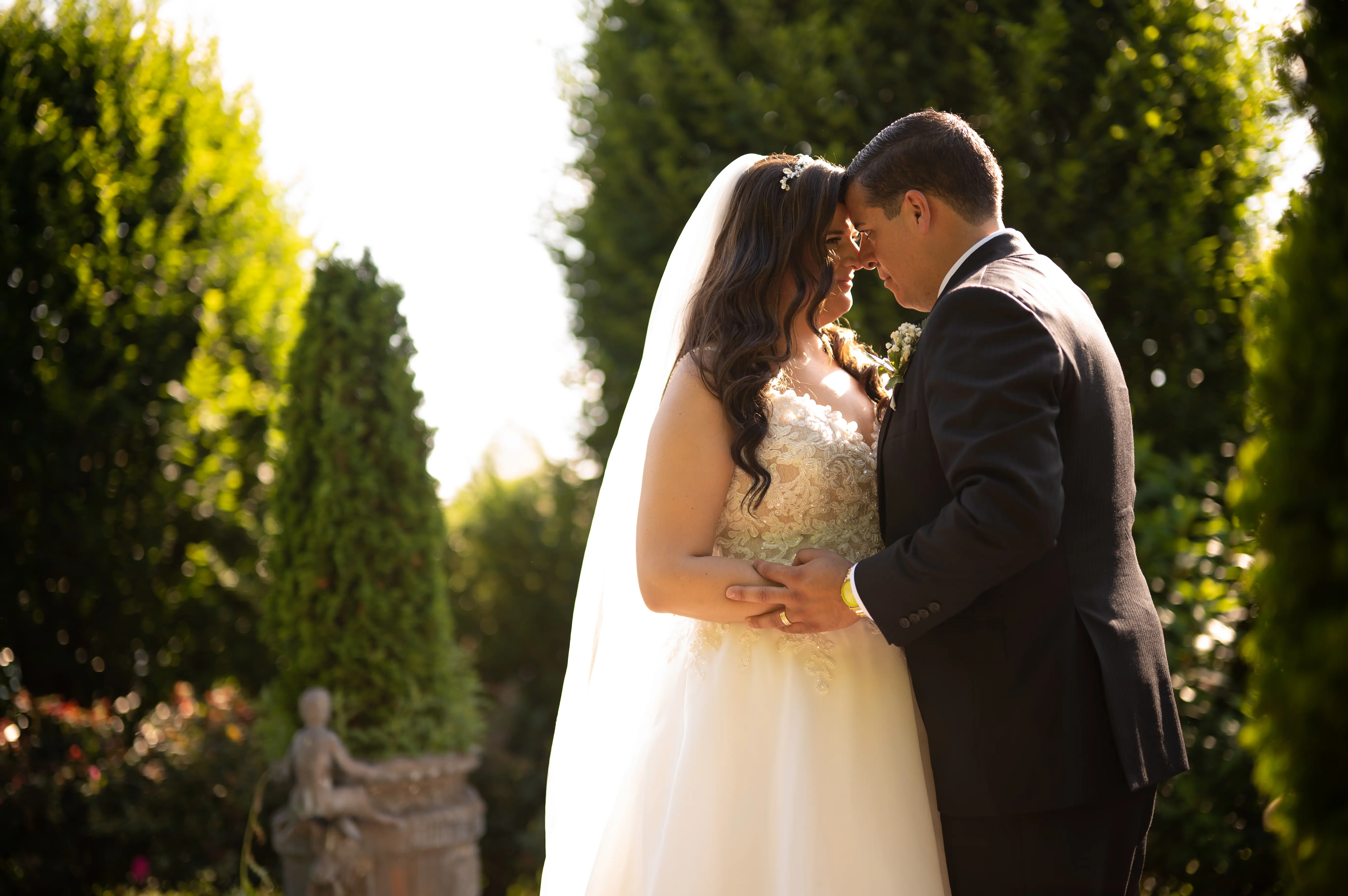 Bride In A-line Wedding Dress Named Savannah By Maggie Sottero Bride and Groom Looking At Each Other