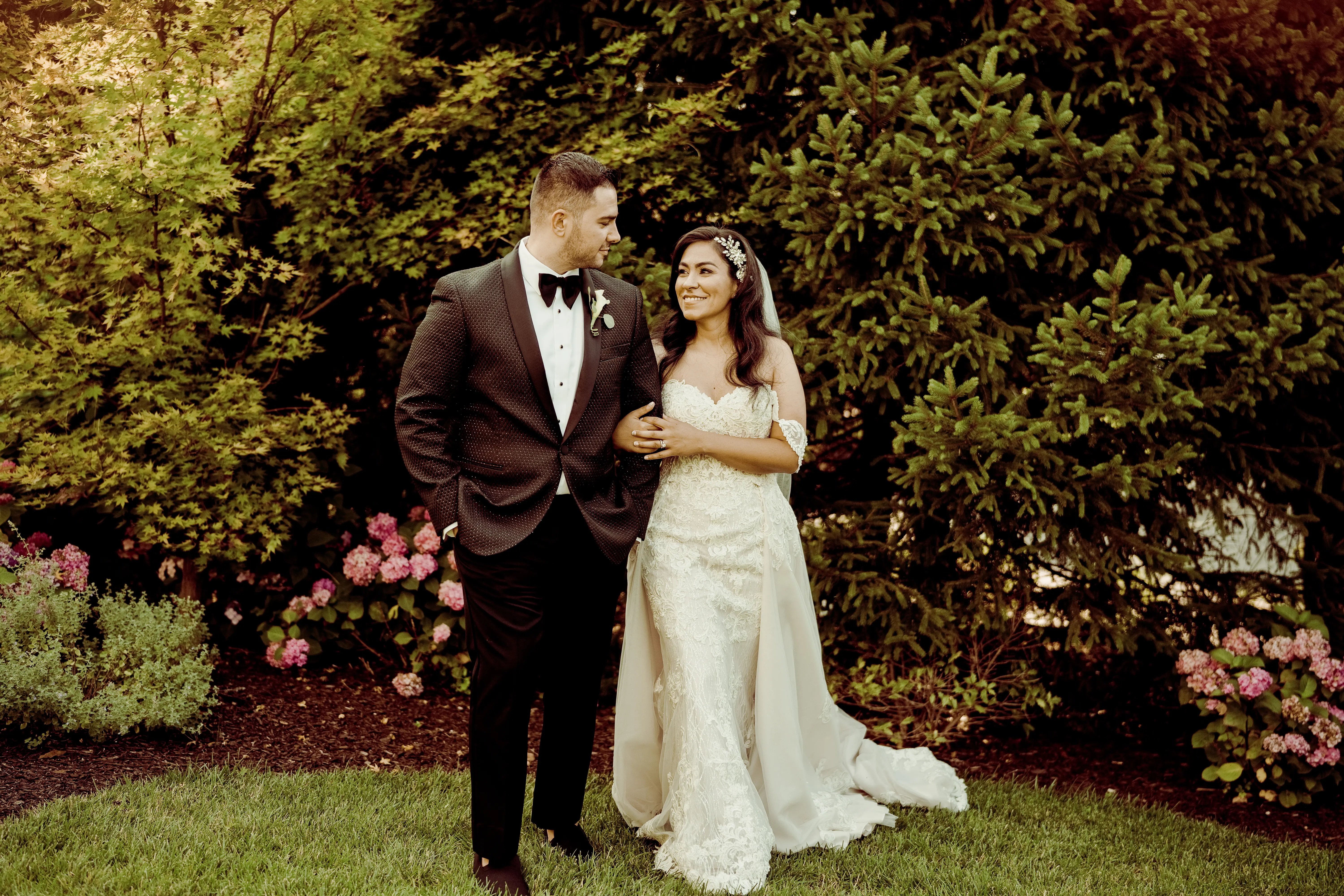 Groom With Bride Wearing Lace Mermaid With Over Skirt Kaysen By Maggie Sottero