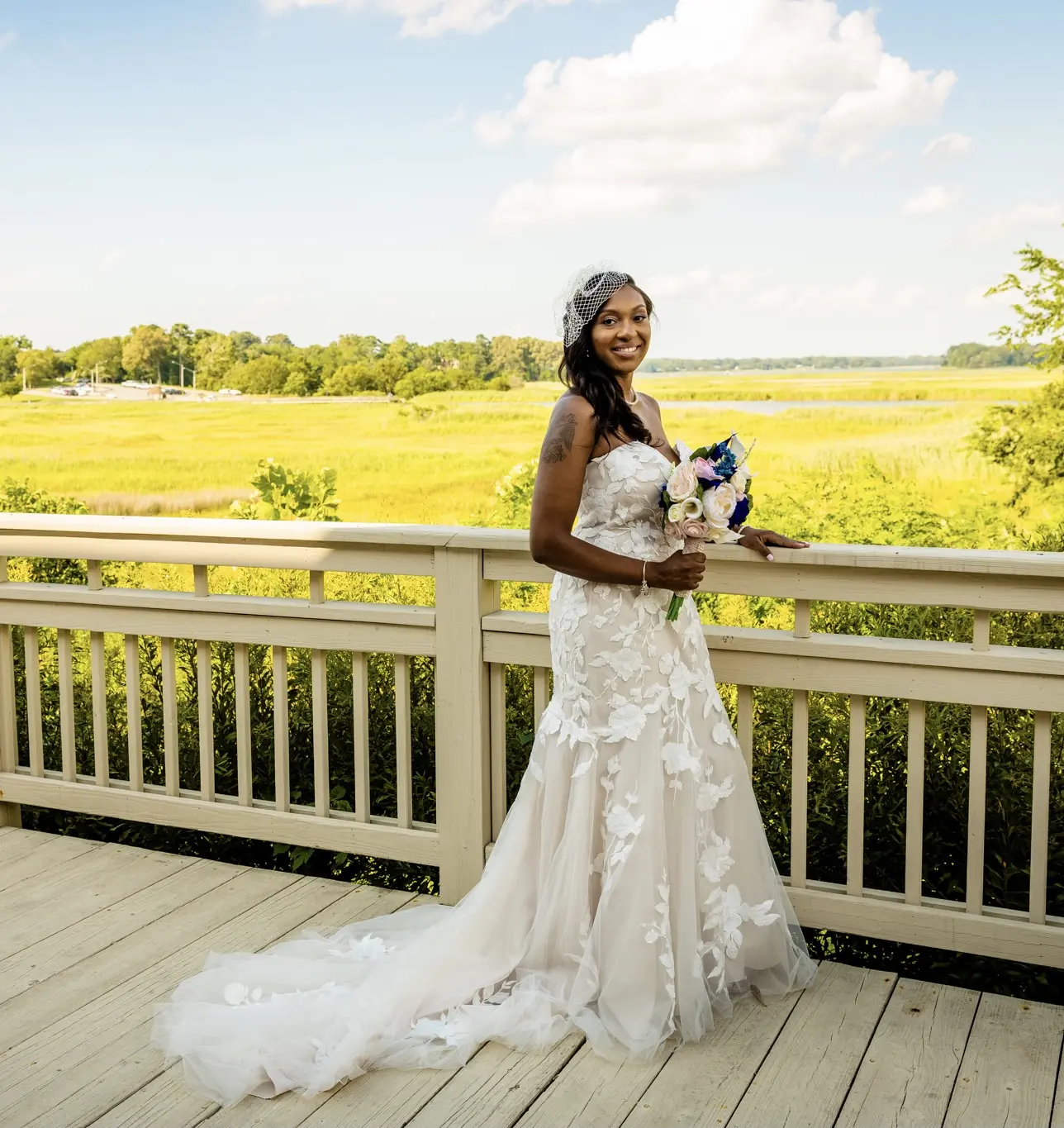 Bride Wearing Strapless Mermaid Wedding Dress With Oversized Lace Hattie By Rebecca Ingram