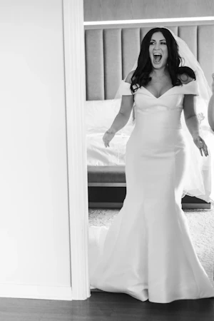 Bride Wearing Off-The-Shoulder Wedding Dress Josie By Rebecca Ingram
