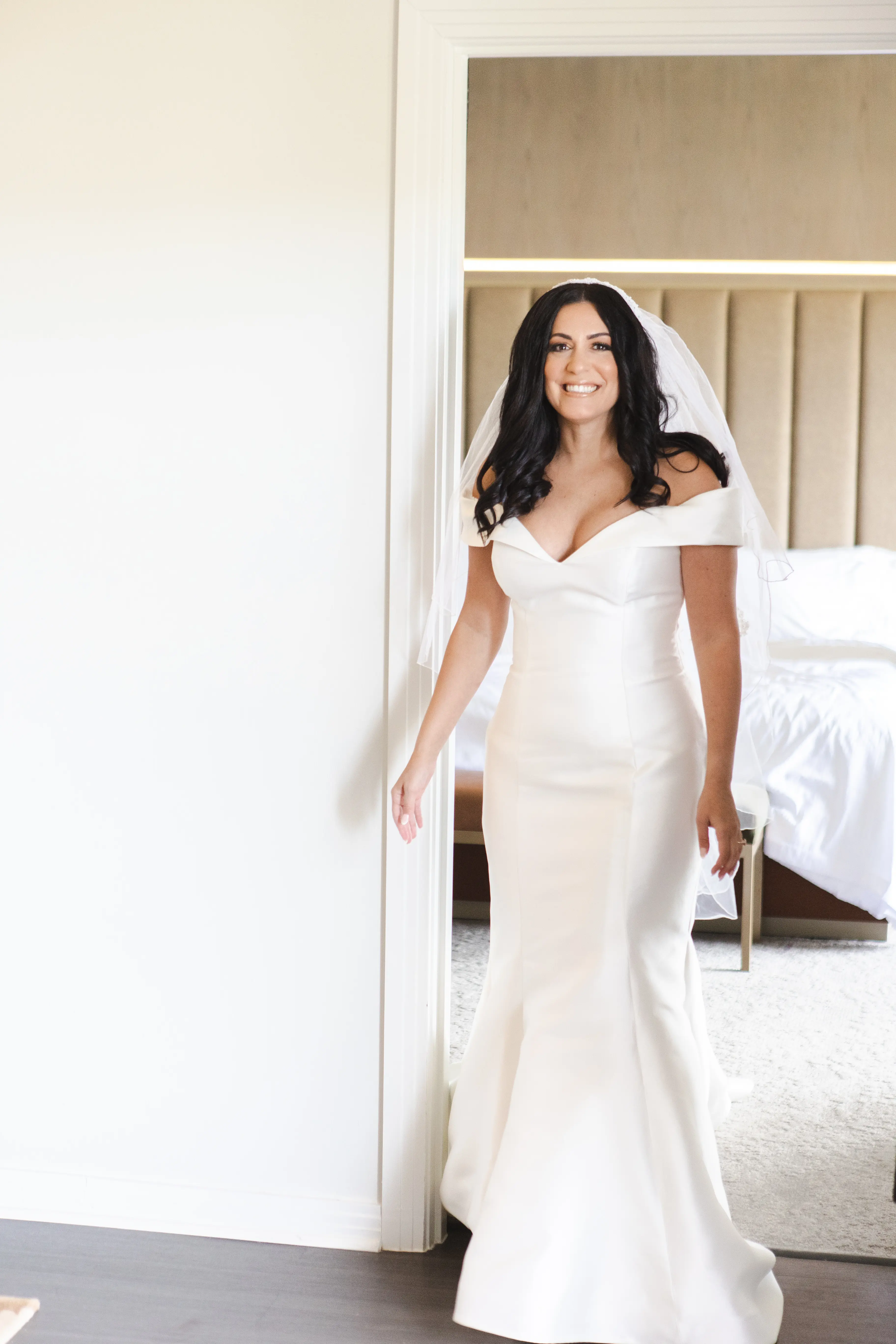 Bride Wearing Off-The-Shoulder Wedding Dress Josie By Rebecca Ingram