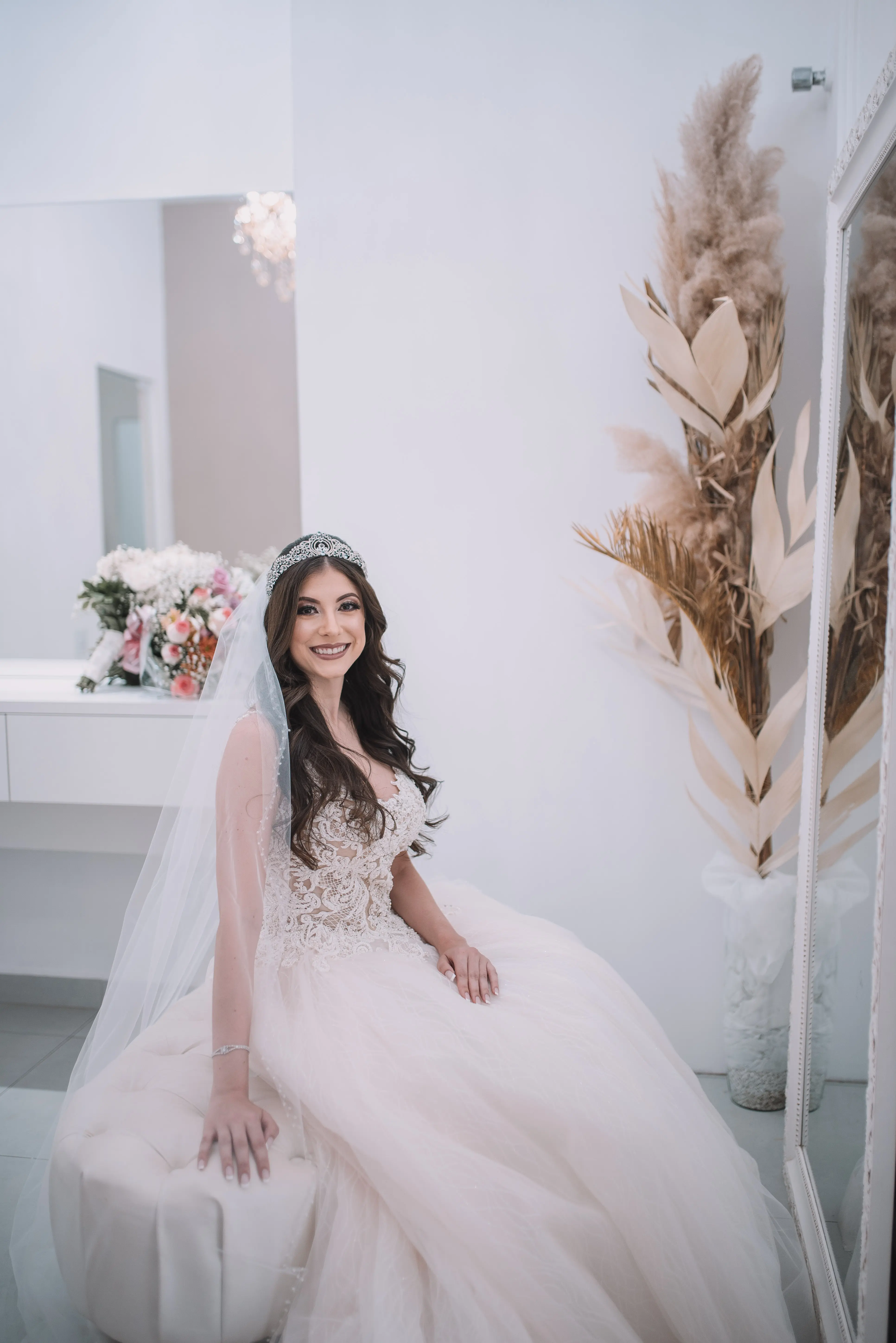 Bride in Flirty A-Line Wedding Gown with Beaded Lace Motifs over Textured Tulle and Precious Organza with Sheer Beaded Bodice Called Savannah by Maggie Sottero