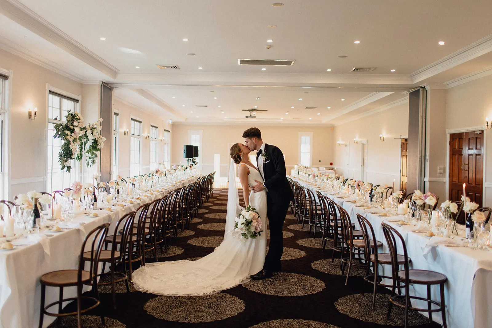 Groom With Bride Wearing Minimalist Crepe Fit-And-Flare Wedding Dress Fernanda By Maggie Sottero