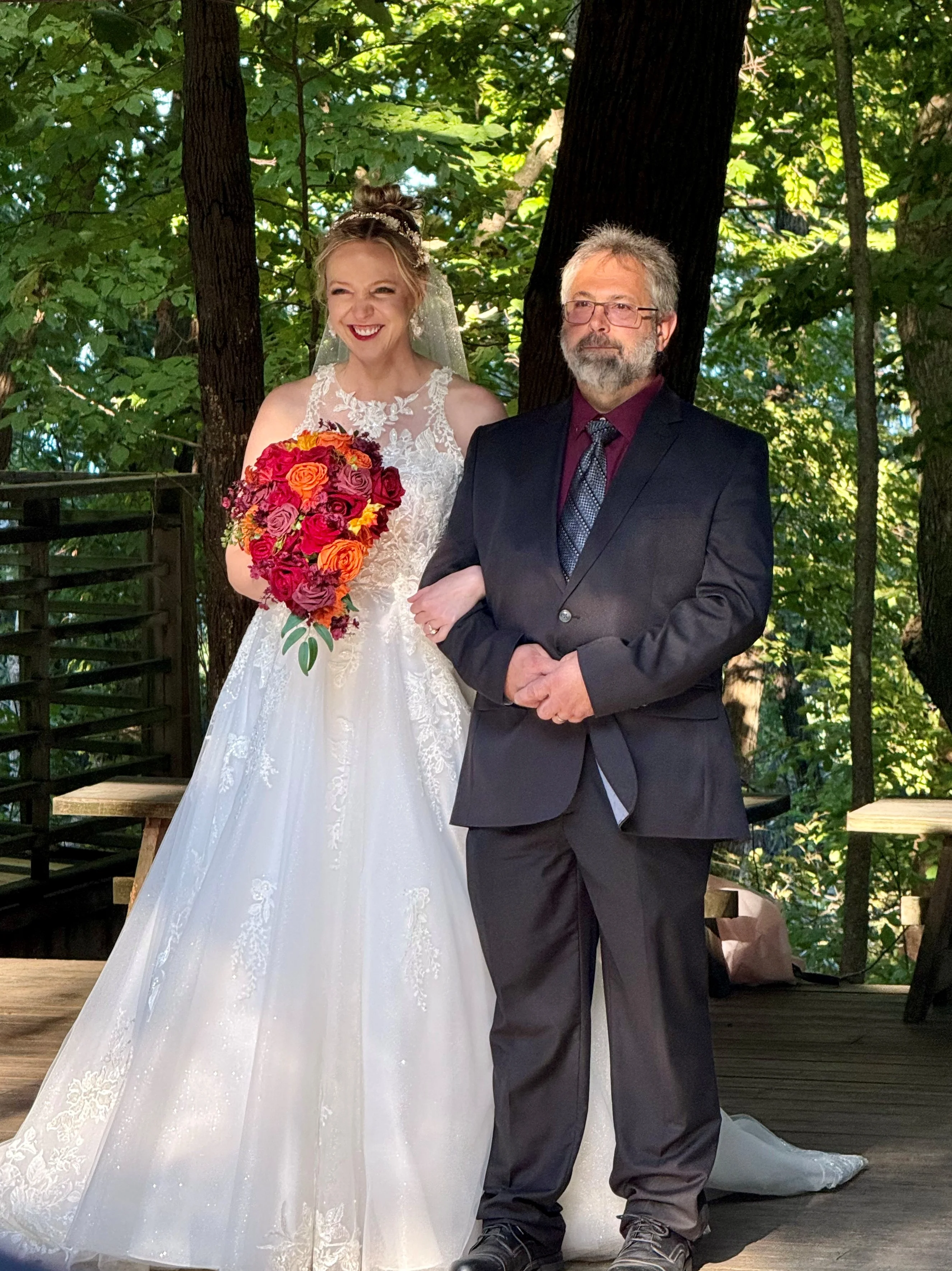 Bride wearing Lace Aline Wedding Dress Called Rickie By Rebecca Ingram Next To Her Dad