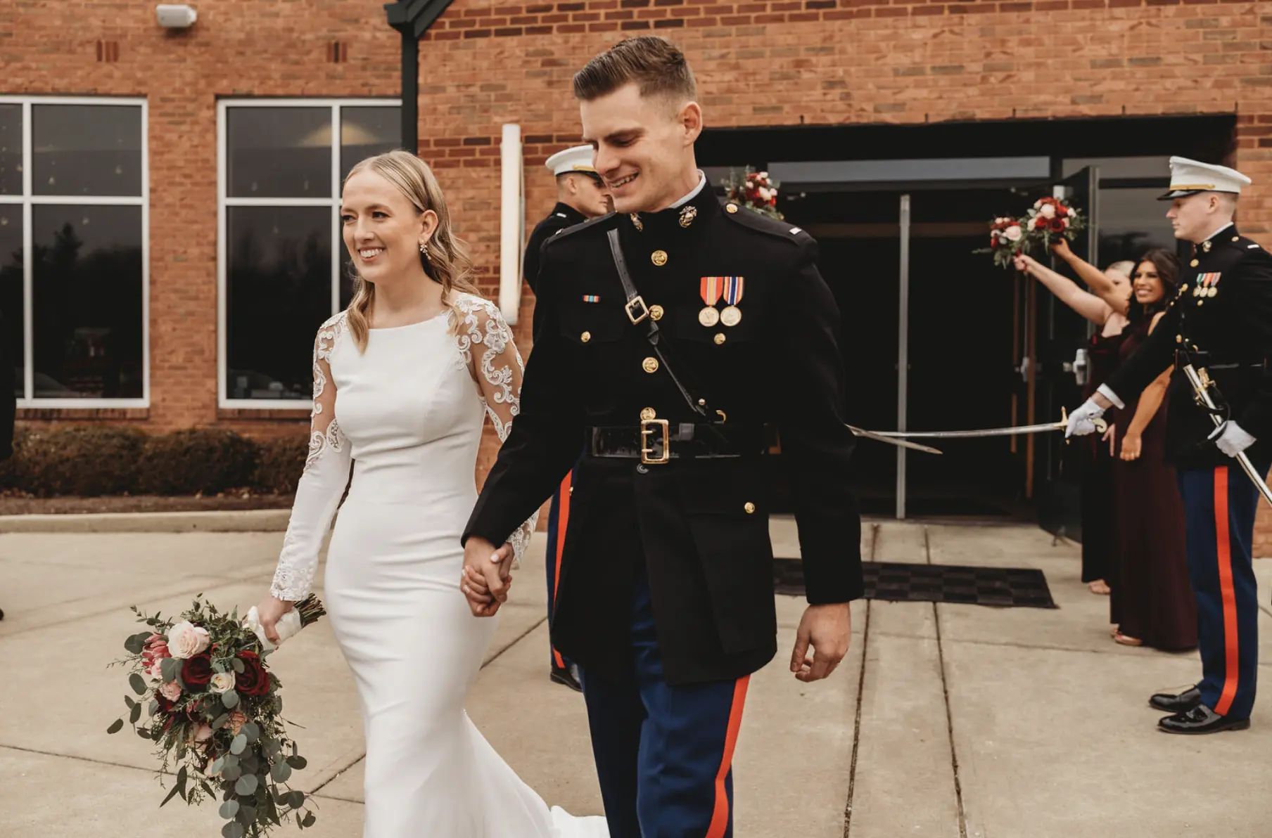 Groom with Bride in Minimalist Crepe Long Sleeve Lace Sheath Wedding Dress Called Bethany by Rebecca Ingram