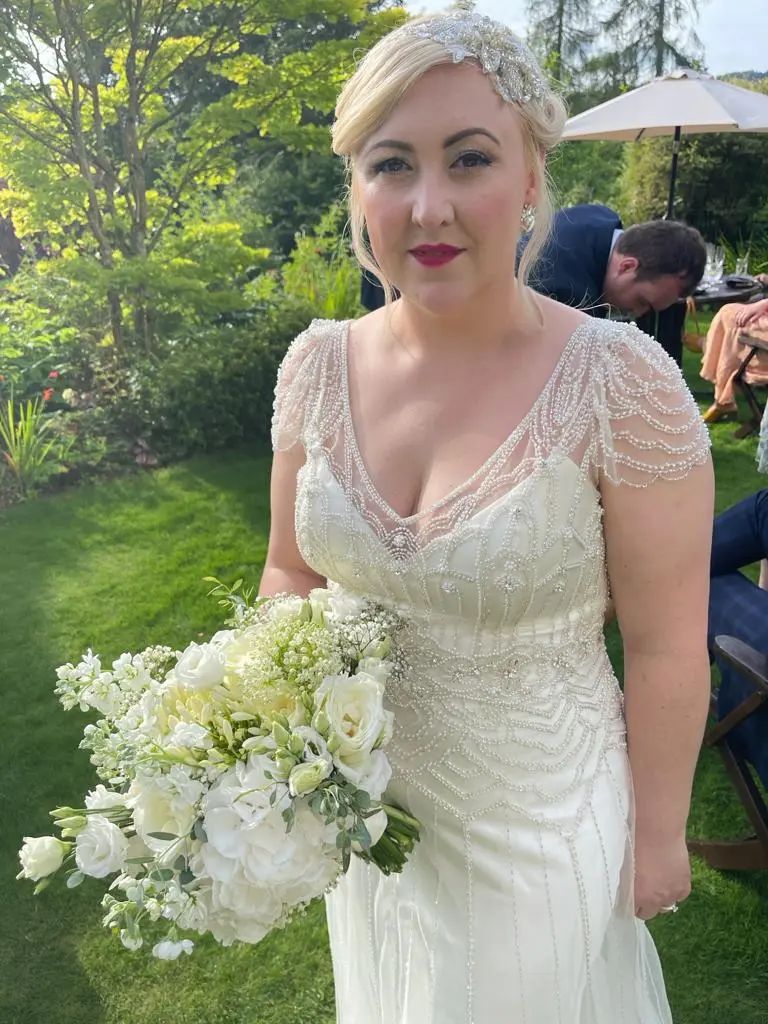 Bride Wearing Vintage Style Satin Sheath Wedding Dress Ettia By Maggie Sottero