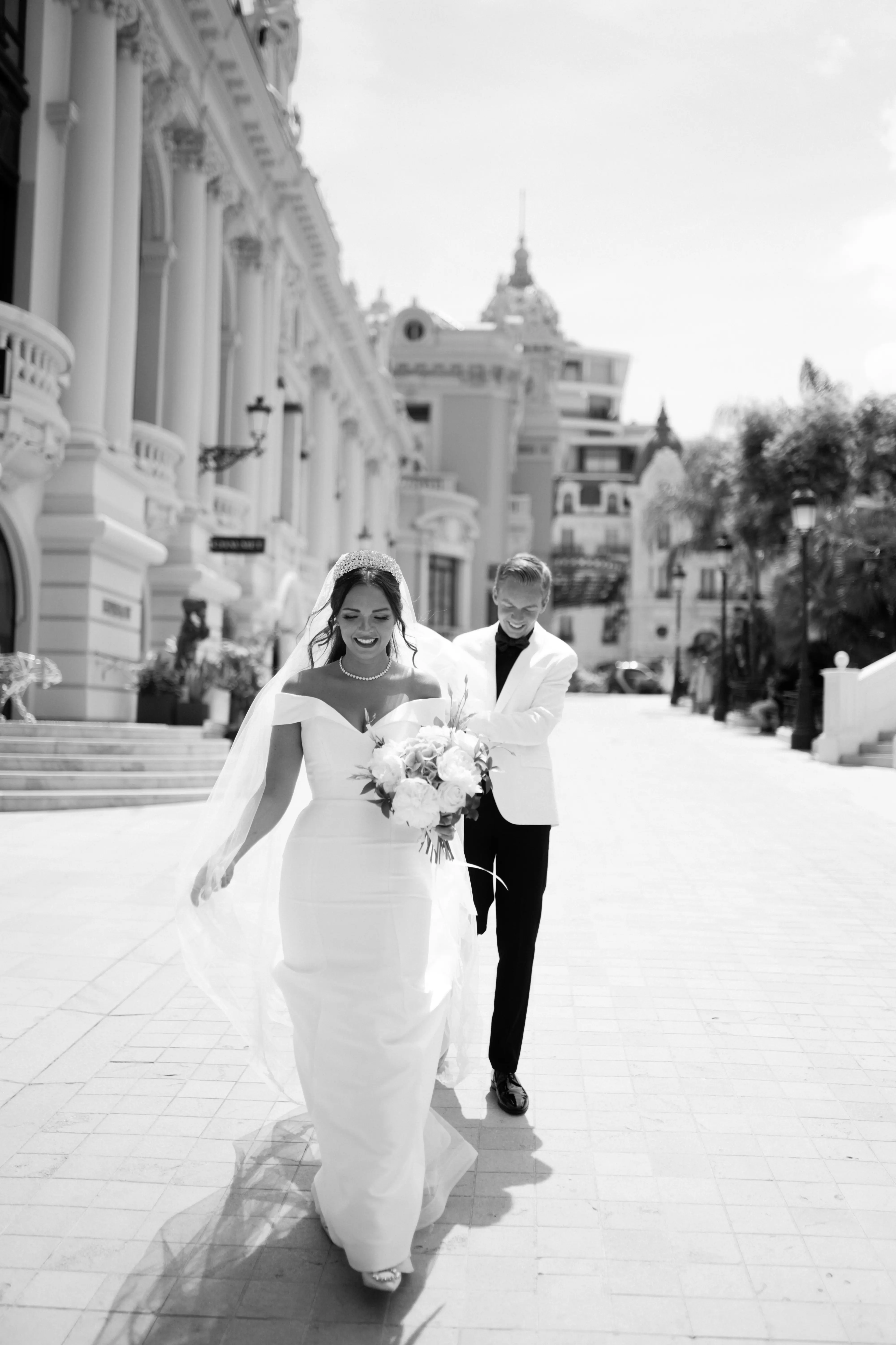 Groom With Bride Wearing Simple Off The Shoulder Fit And Flare Wedding Dress Josie By Rebecca Ingram