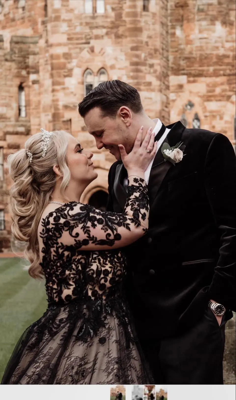 Bride Wearing Black Lace Ballgown Wedding Dress Called Zander By Sottero And Midgley Looking At Groom