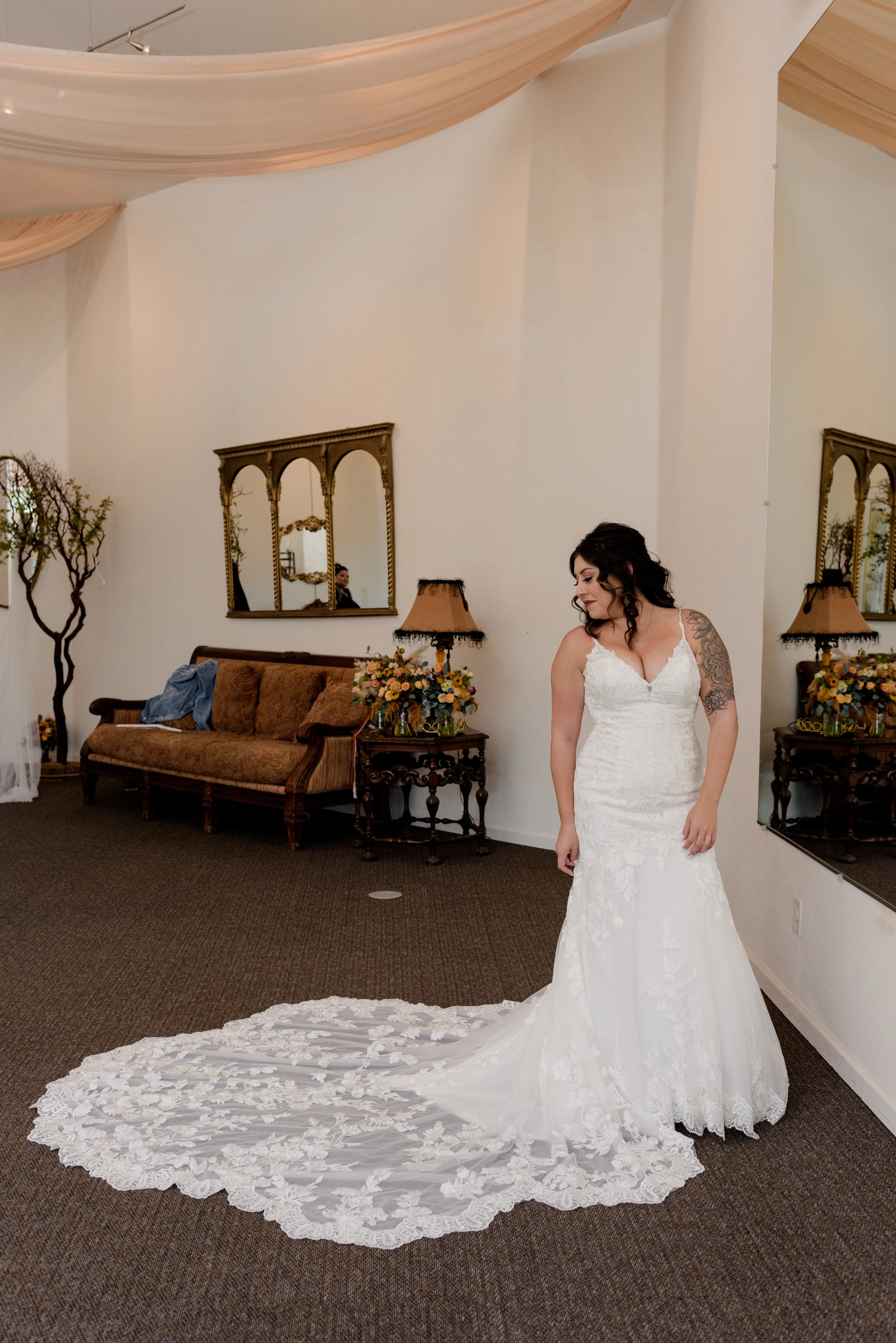 Real Bride in Floral Lace Mermaid Wedding Gown with Beaded Spaghetti Straps Called Giana by Maggie Sottero