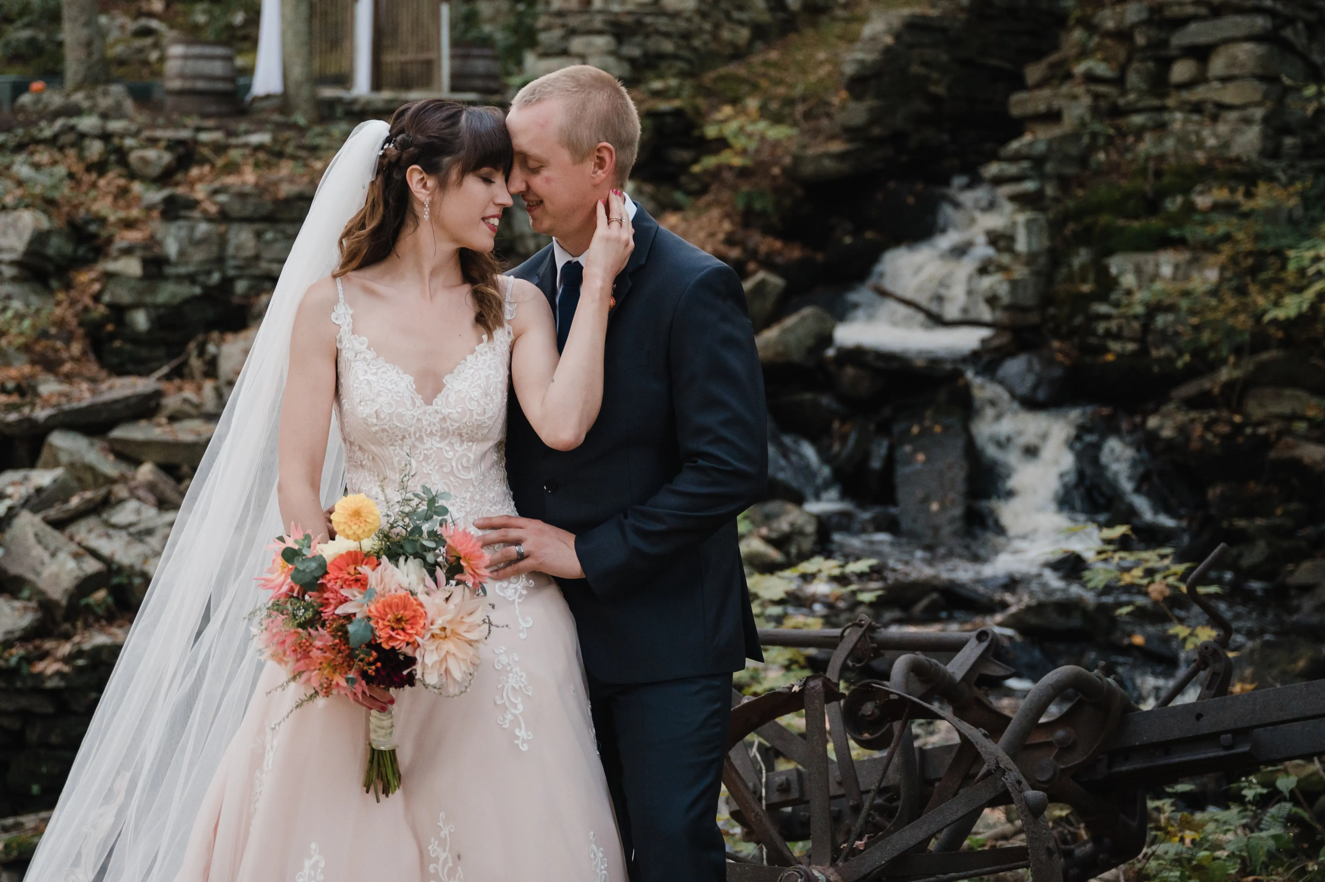 Bride Wearing Lace A-Line Wedding Dress Called Wallis By Maggie Sottero With Groom