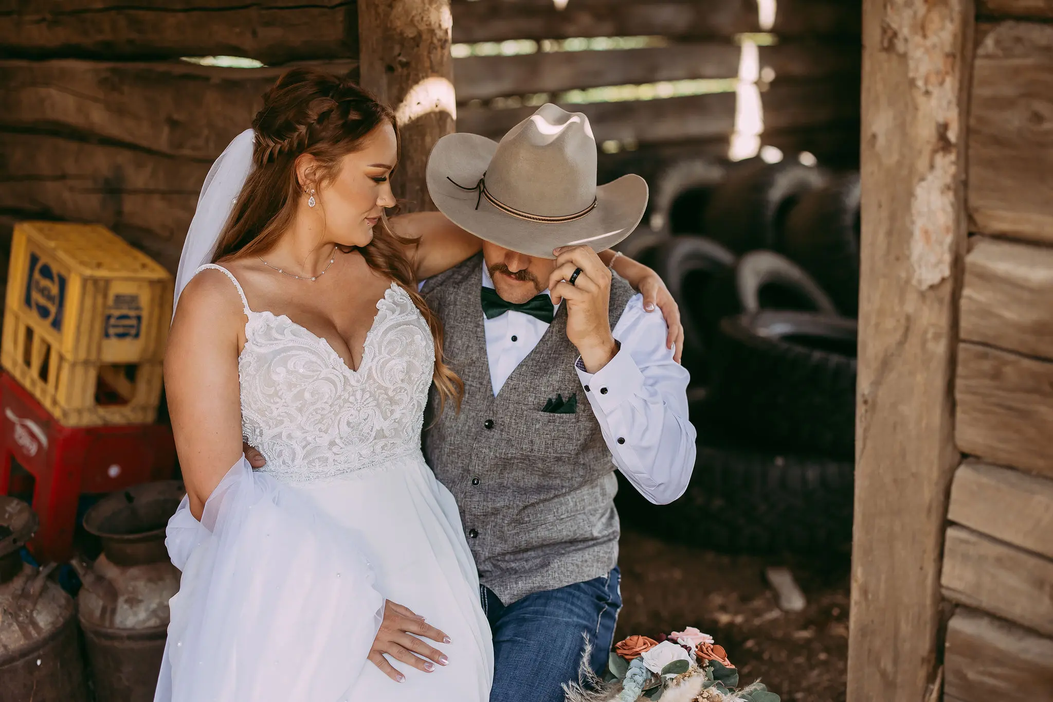 Groom With Bride Wearing Beaded Chiffon Sheath Wedding Dress Lorraine By Rebecca Ingram