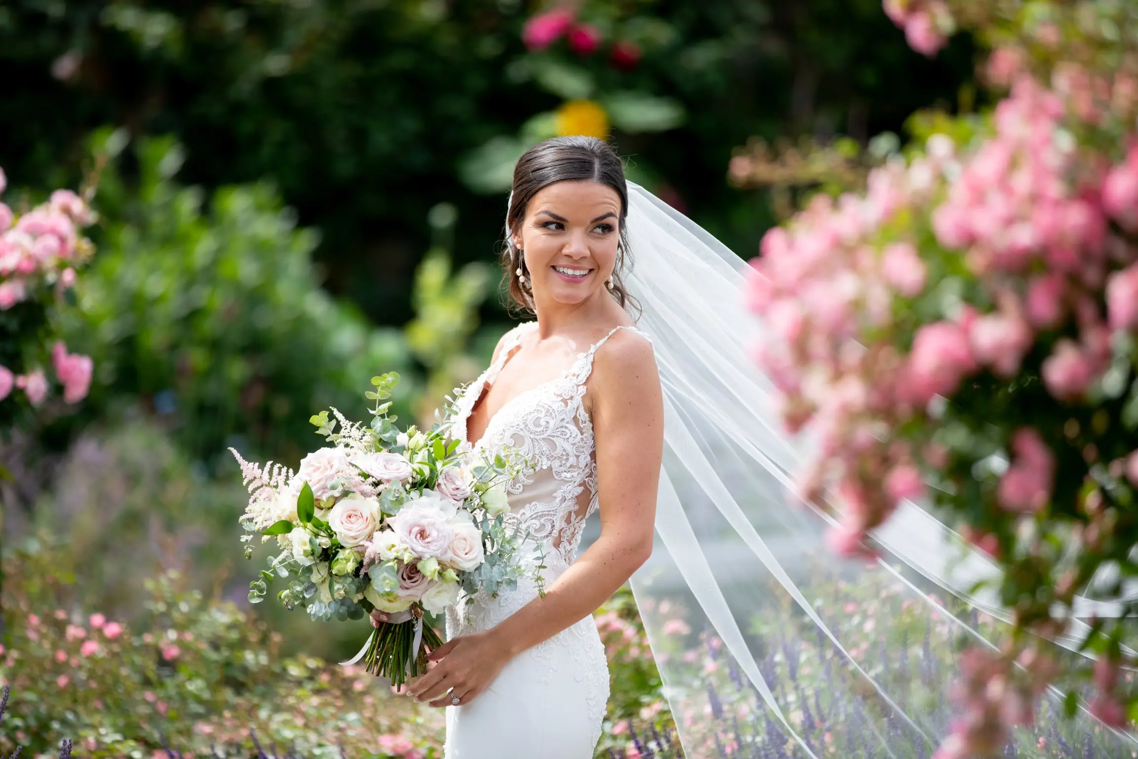 Bride wearing crepe sheath wedding dress