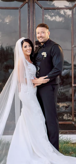 Groom With Bride Wearing Lace Spaghetti Strap Wedding Dress Nikki By Maggie Sottero