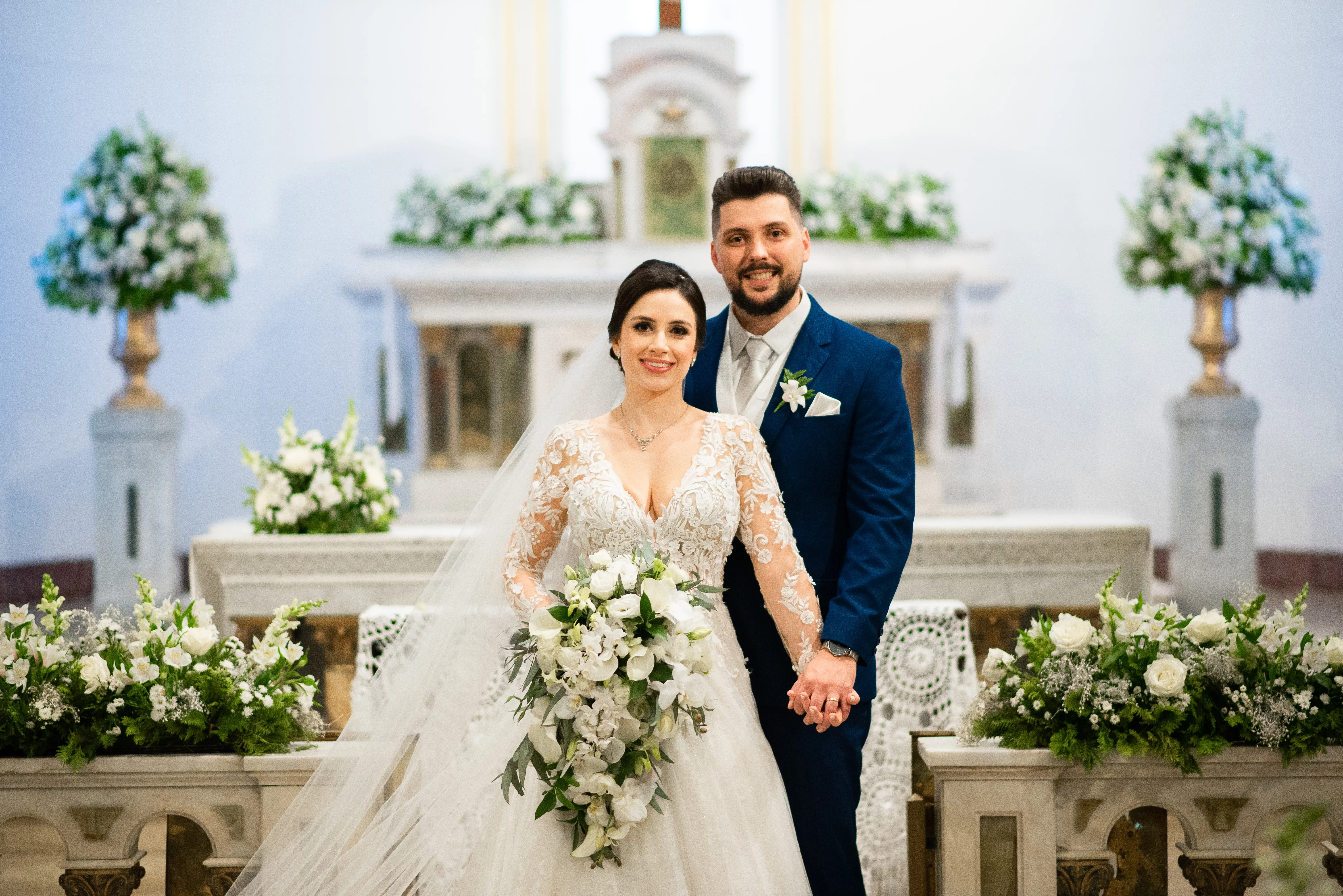 Bride Smiling While Wearing Lace A-Line Wedding Dress Called Zander By Sottero And Midgley With Groom