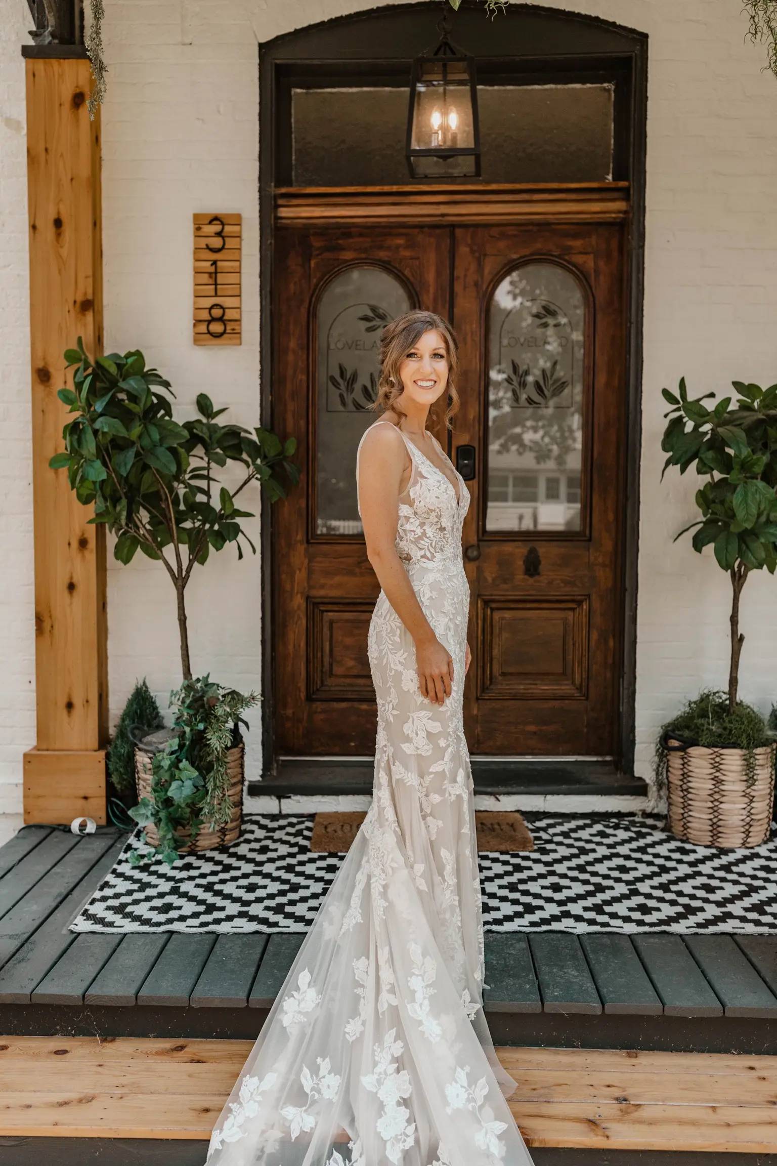 Real Bride In Floral Fit-and-Flare Wedding Dress with Illusion V-Back Called Greenley by Maggie Sottero