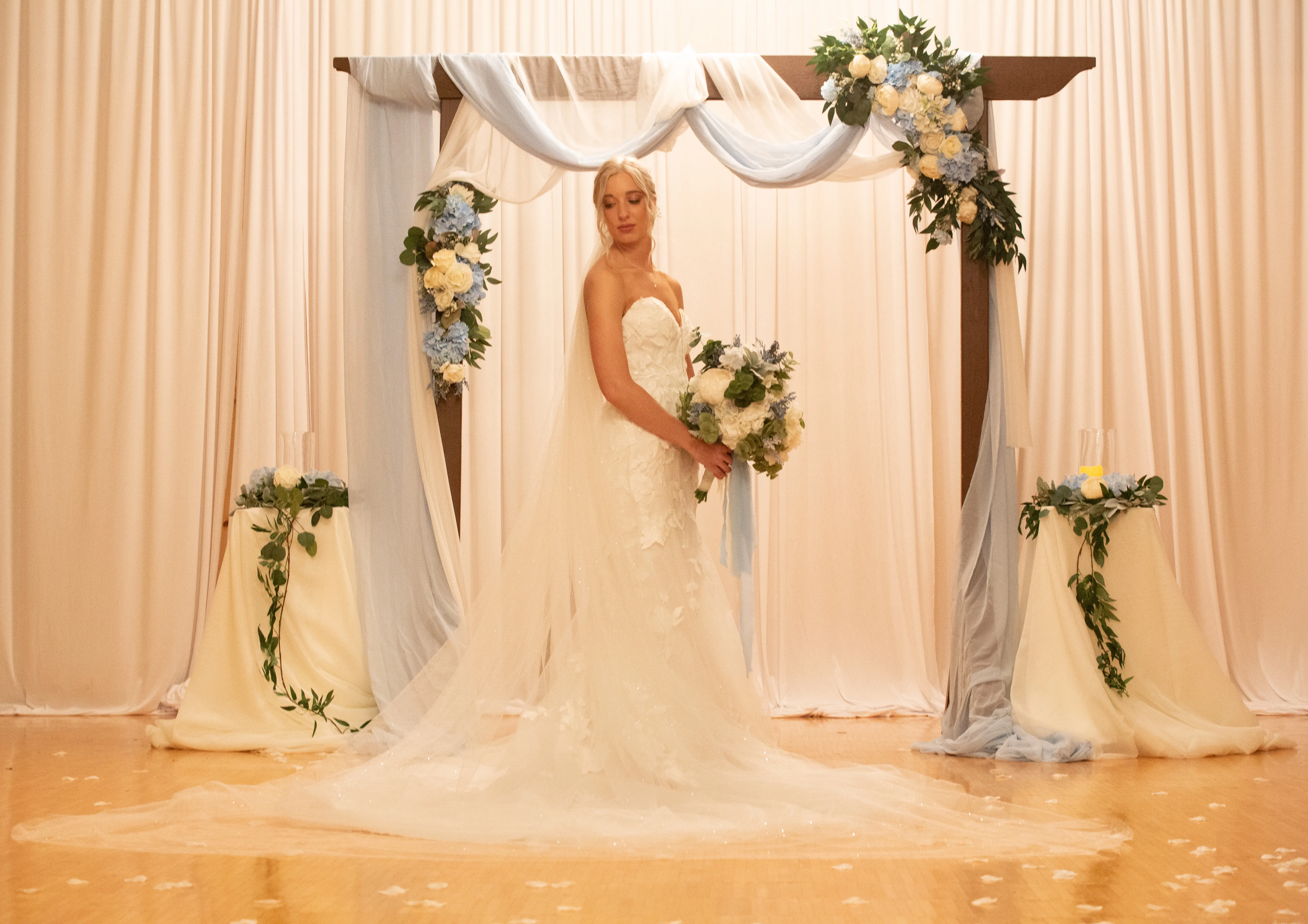 Real Bride in Strapless Mermaid Bridal Gown with Oversized Floral Lace Motifs over Sparkle Tulle called Hattie by Rebecca Ingram