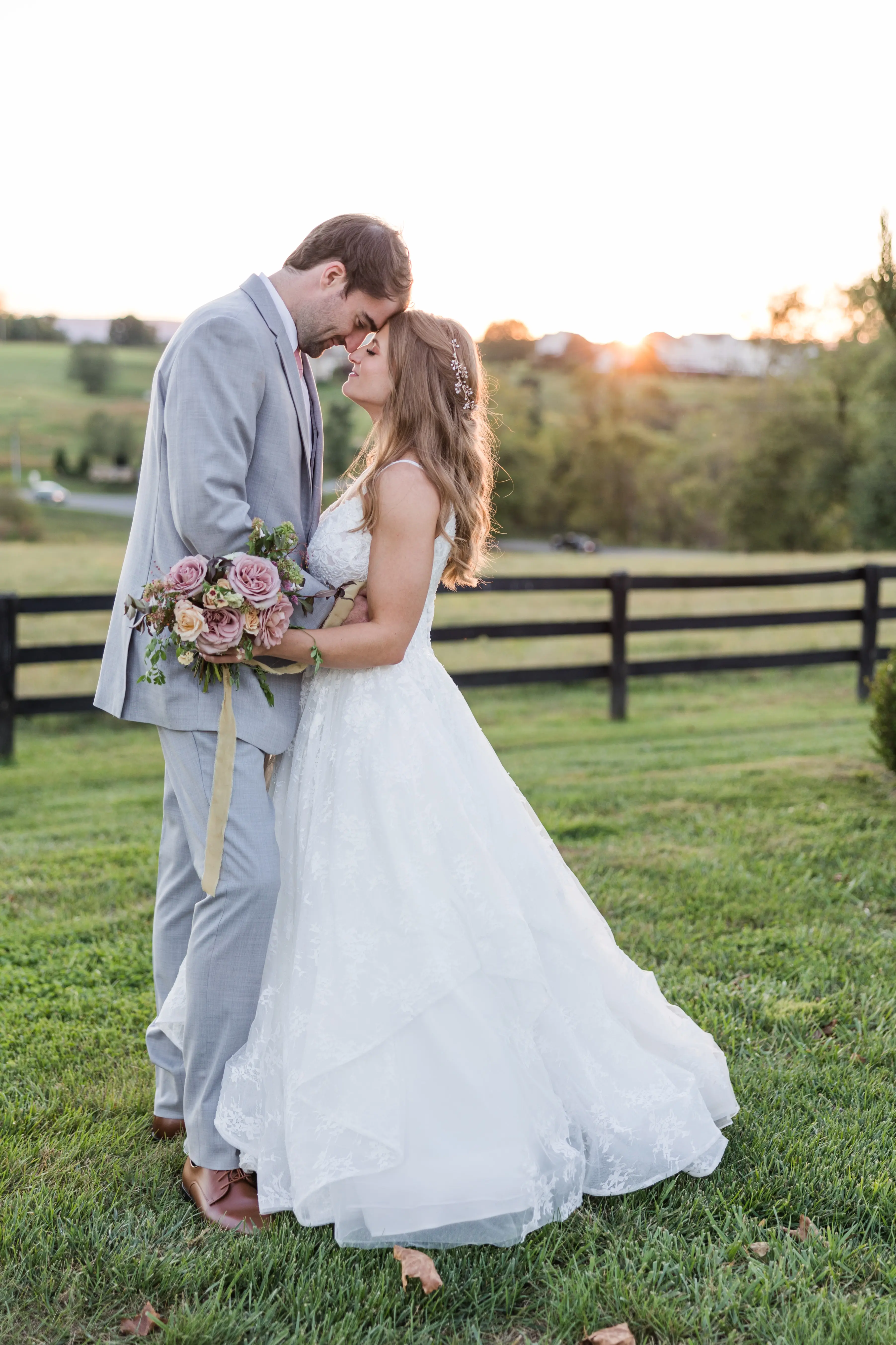 Groom with Real Bride in Modern Princess Wedding Dress with a Tiered Sequin Tulle Skirt Called Yuri by Maggie Sottero