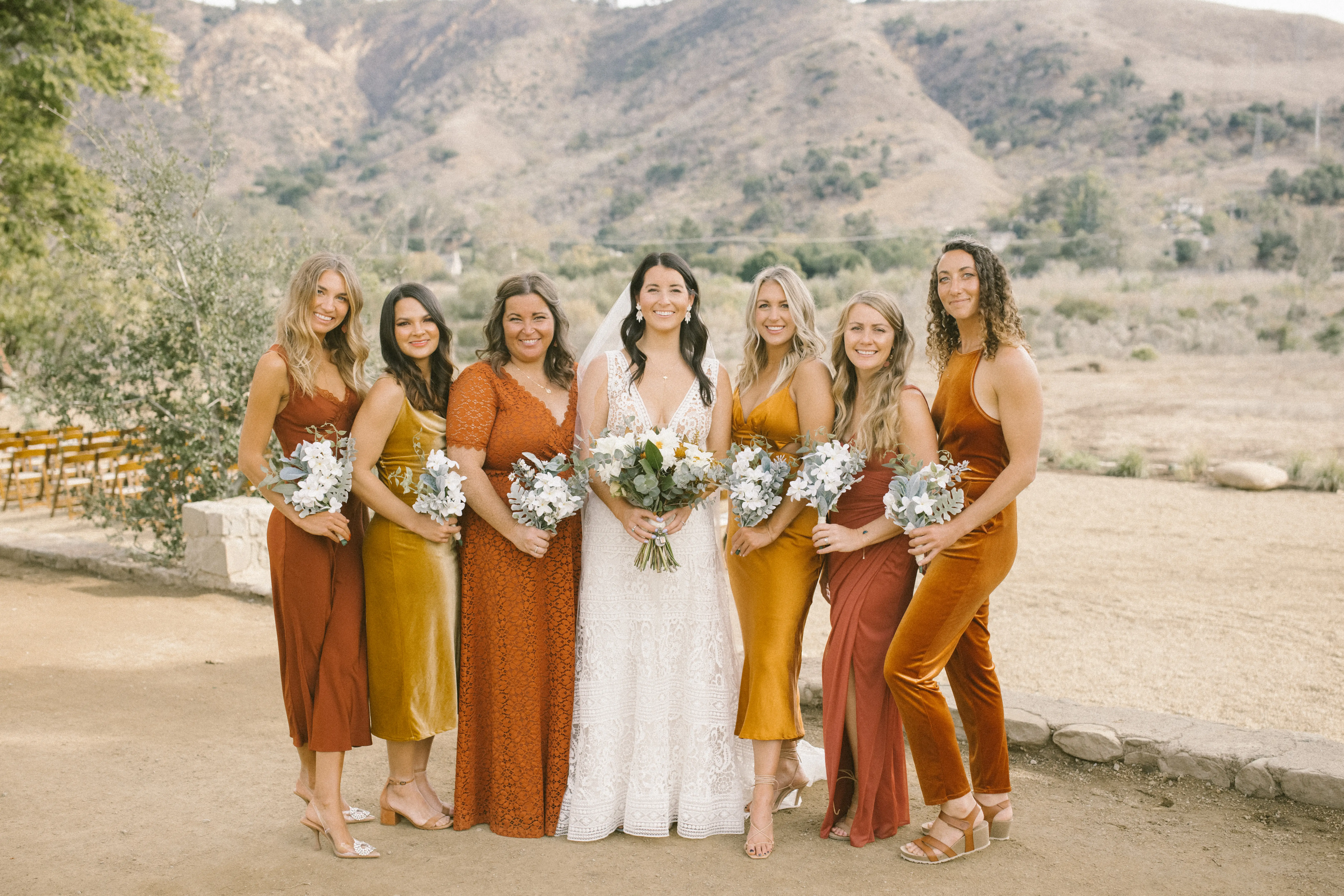 Bridal Party with Bride in Vintage A-Line Wedding Dress with Allover Lace and Nude Underlay Called Finley Dawn by Sottero & Midgley