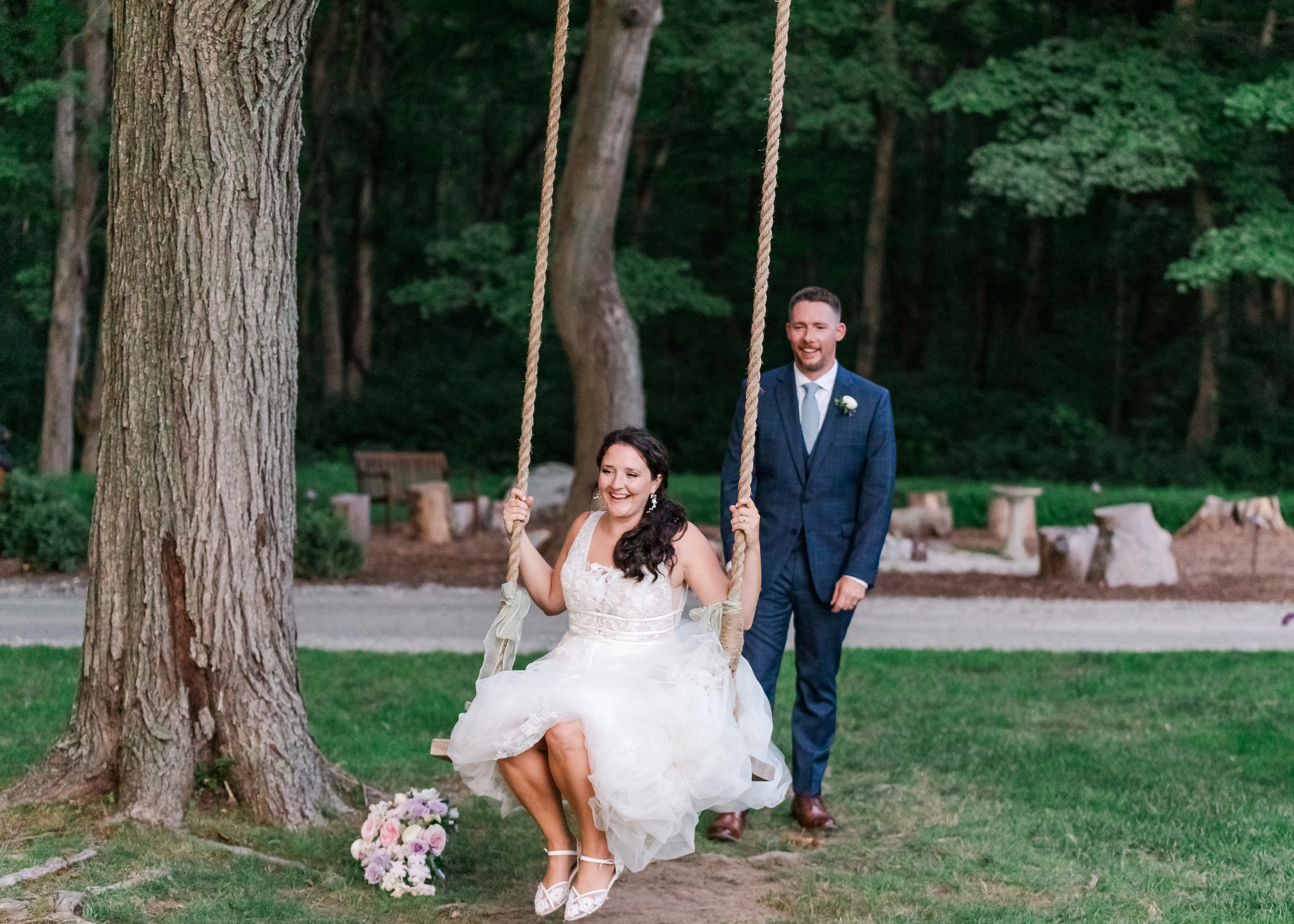 Groom With Bride Wearing Lace A-Line Wedding Dress Raelynn By Rebecca Ingram
