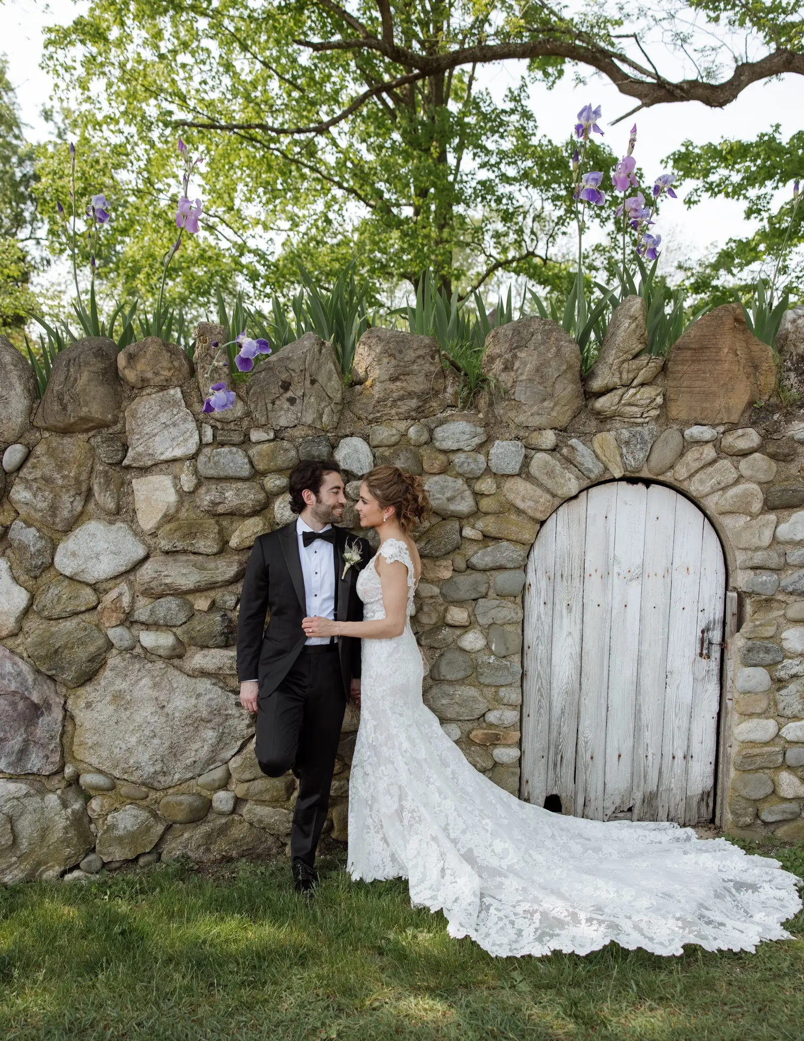 Groom With Bride Wearing Lace Cap Sleeve Wedding Dress Chauncey By Sottero And Midgley