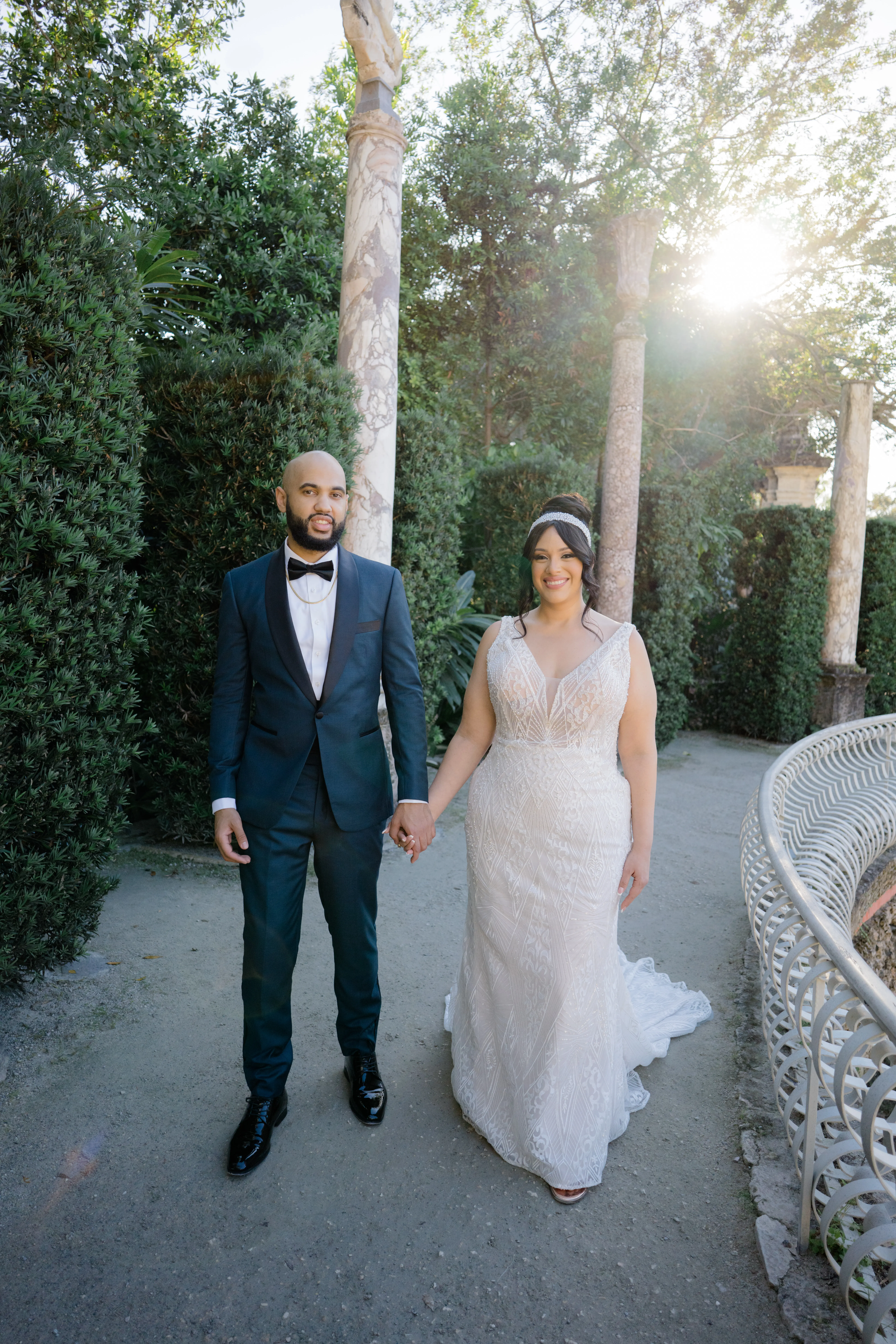 Bride In Beaded Art Deco Wedding Dress Named Elaine By Maggie Sottero With Groom