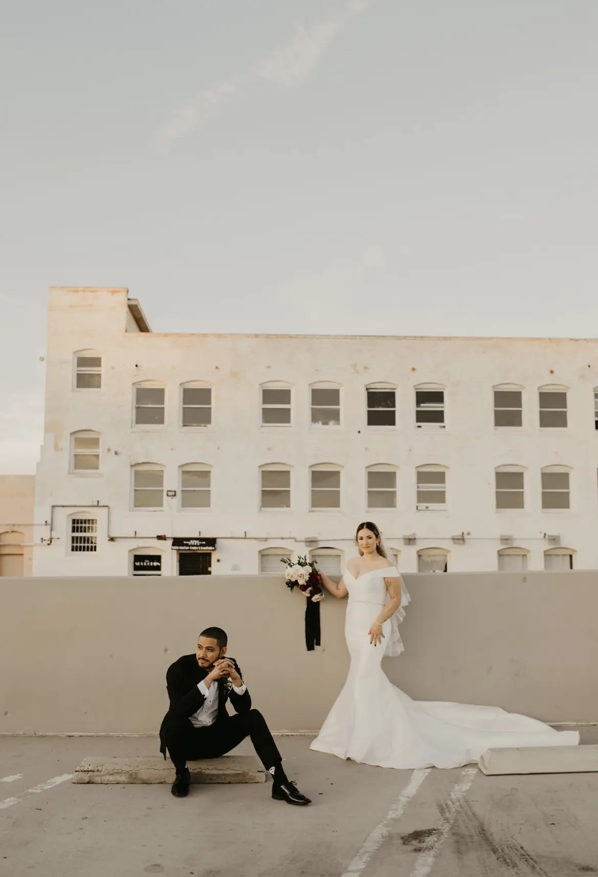 Bride In Off-the-Shoulder Fit-and-Flare Josie Rebecca Ingram With Groom