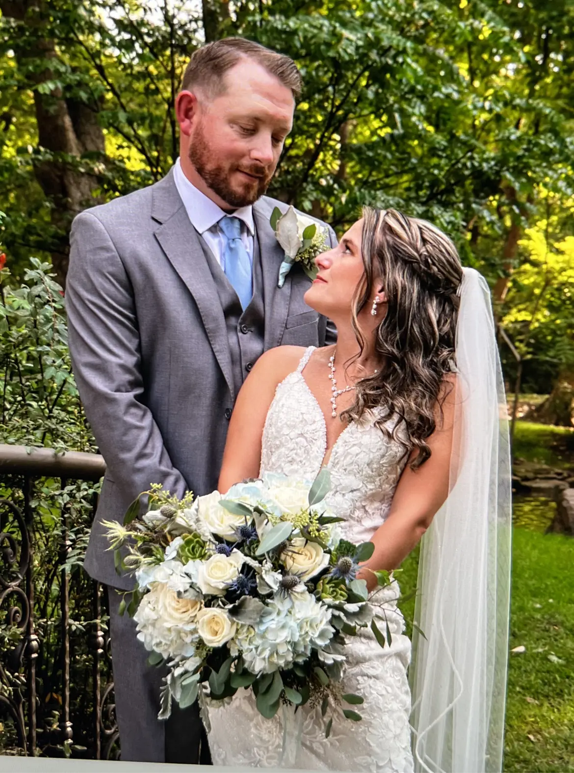Groom Gazing at Bride in Vintage-Inspired Fitted Wedding Dress called Veronique by Maggie Sottero