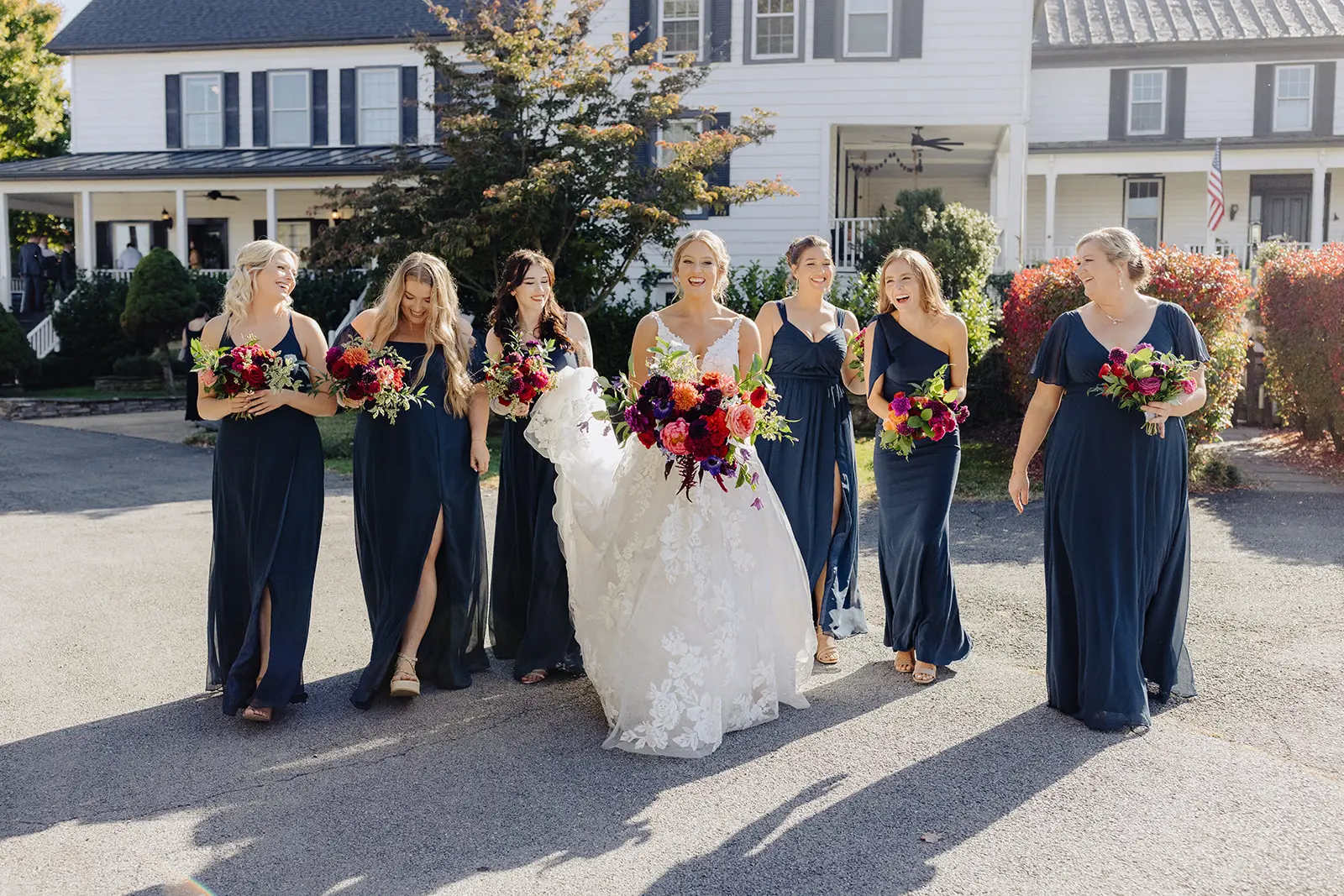 Bride with Bridesmaids at Fall Wedding Wearing Fairytale Ballgown Called Valona by Sottero and Midgley.