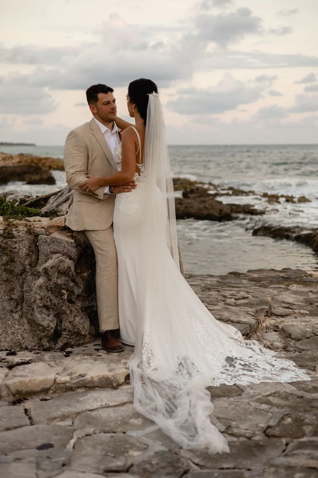 Real Bride in Backless Crepe Bridal Gown with Lace Motifs and Beaded Spaghetti Straps Called Baxley by Maggie Sottero