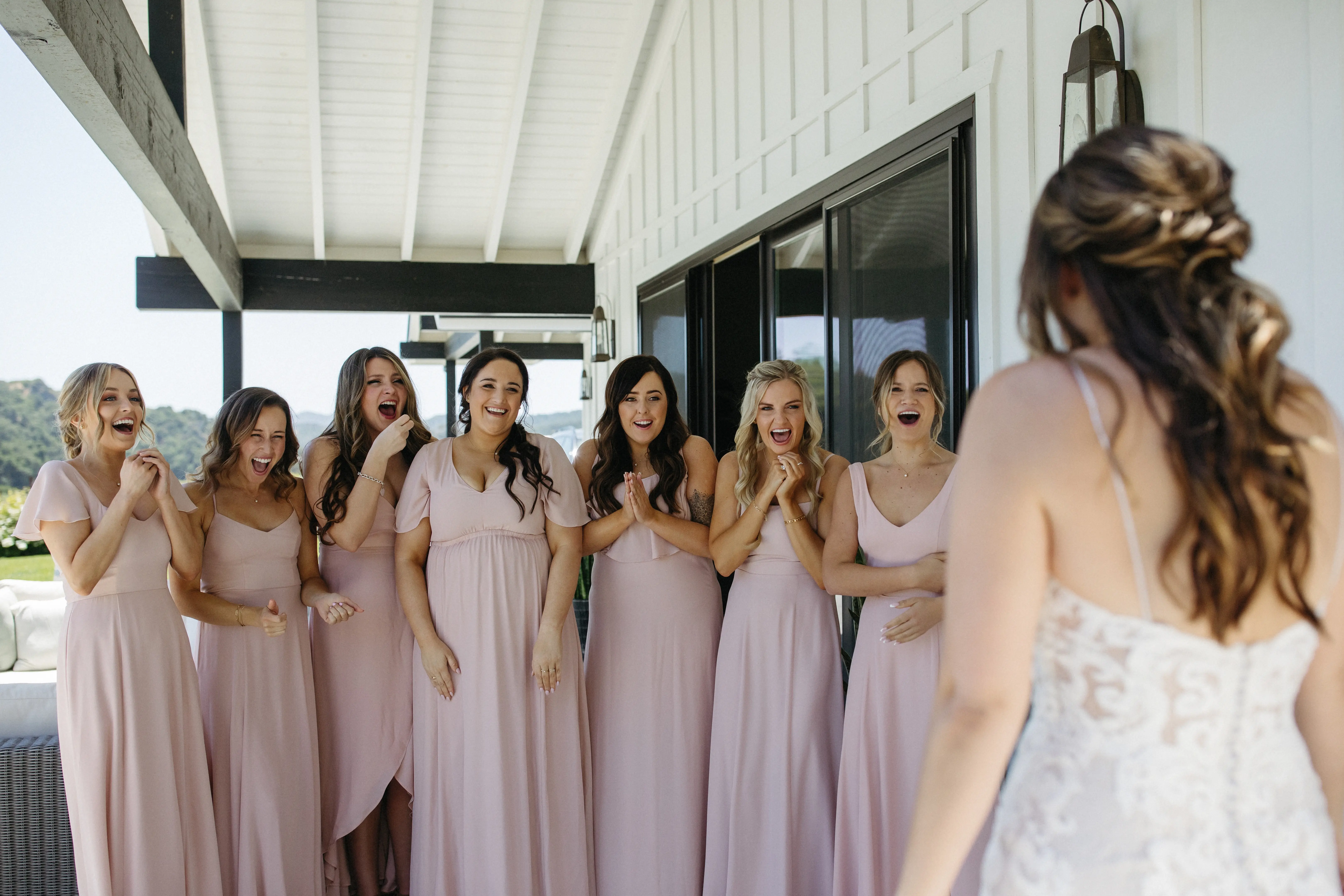 Bride with bridesmaids wearing romantic, A-line wedding dress