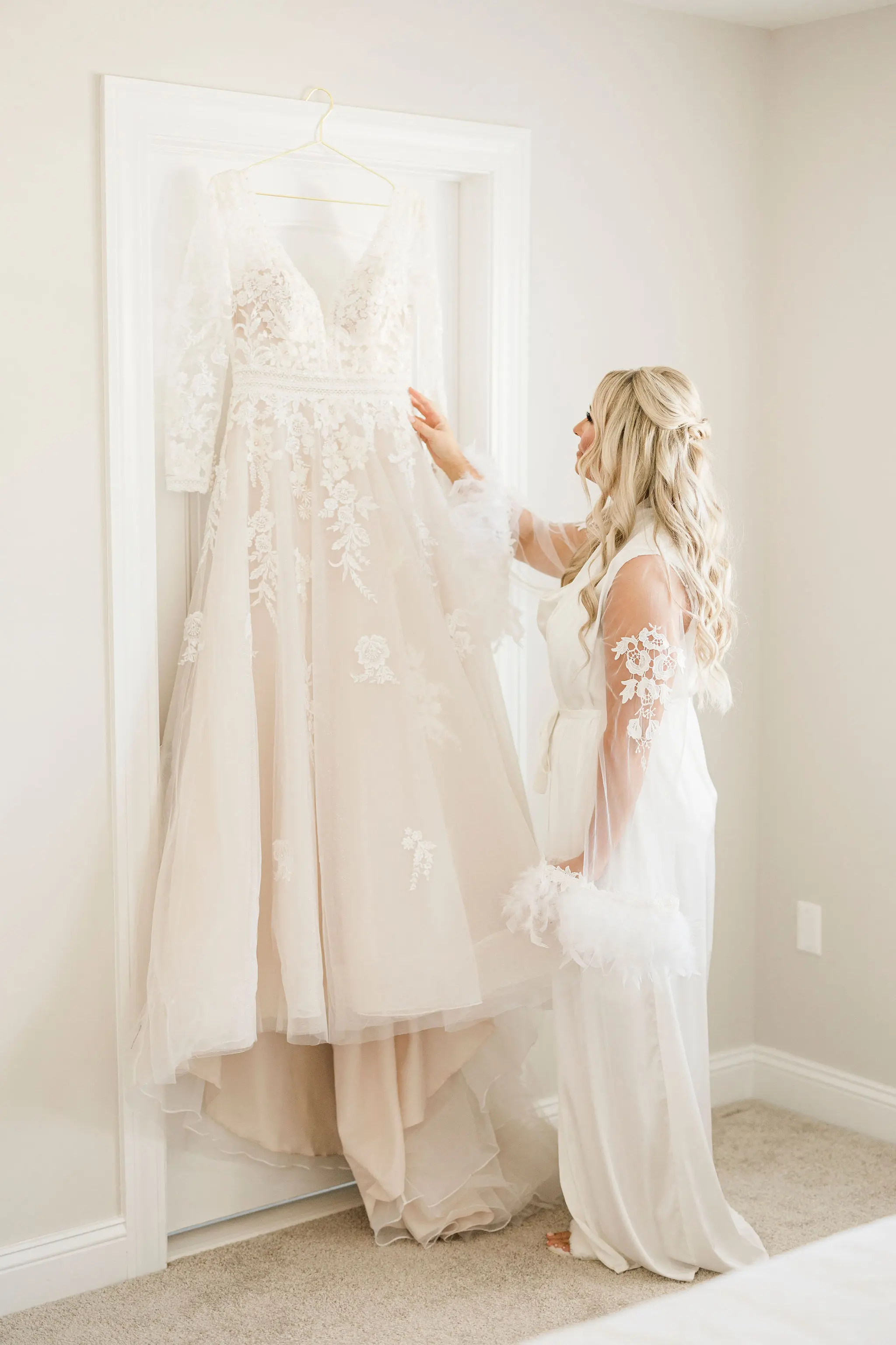Real Bride with her Illusion Sleeve A-Line Wedding Dress with Beaded Lace Motifs Over Sparkle Tulle Called Raphael by Maggie Sottero