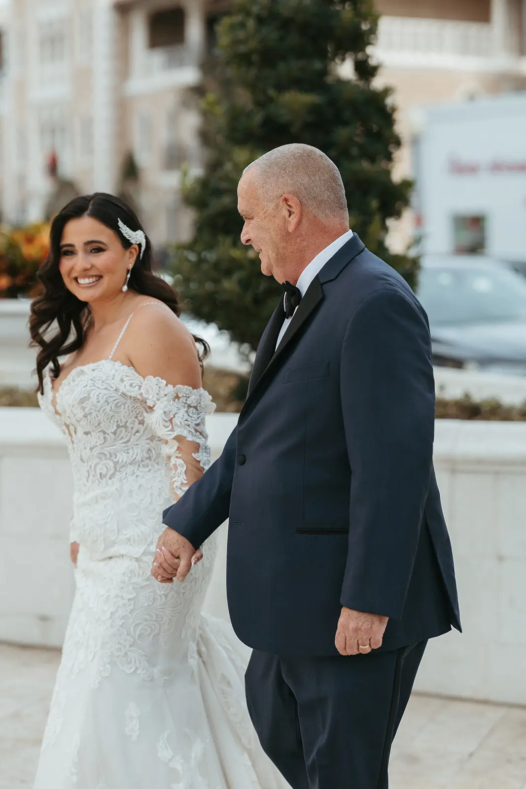Father With Bride Wearing Sparkly Lace Fit-And-Flare Fiona By Maggie Sottero